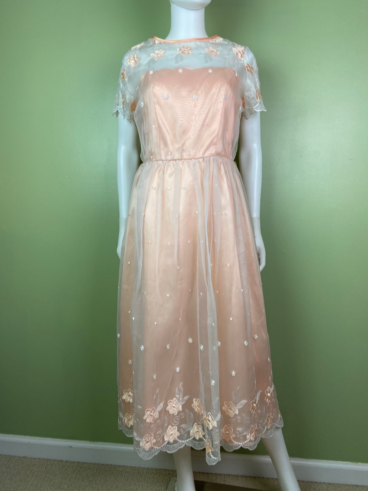 Vintage Victorian Bespoke Pink Peach Satin Sheer Embroidered Floral Lace Dress Gown Abby Essie