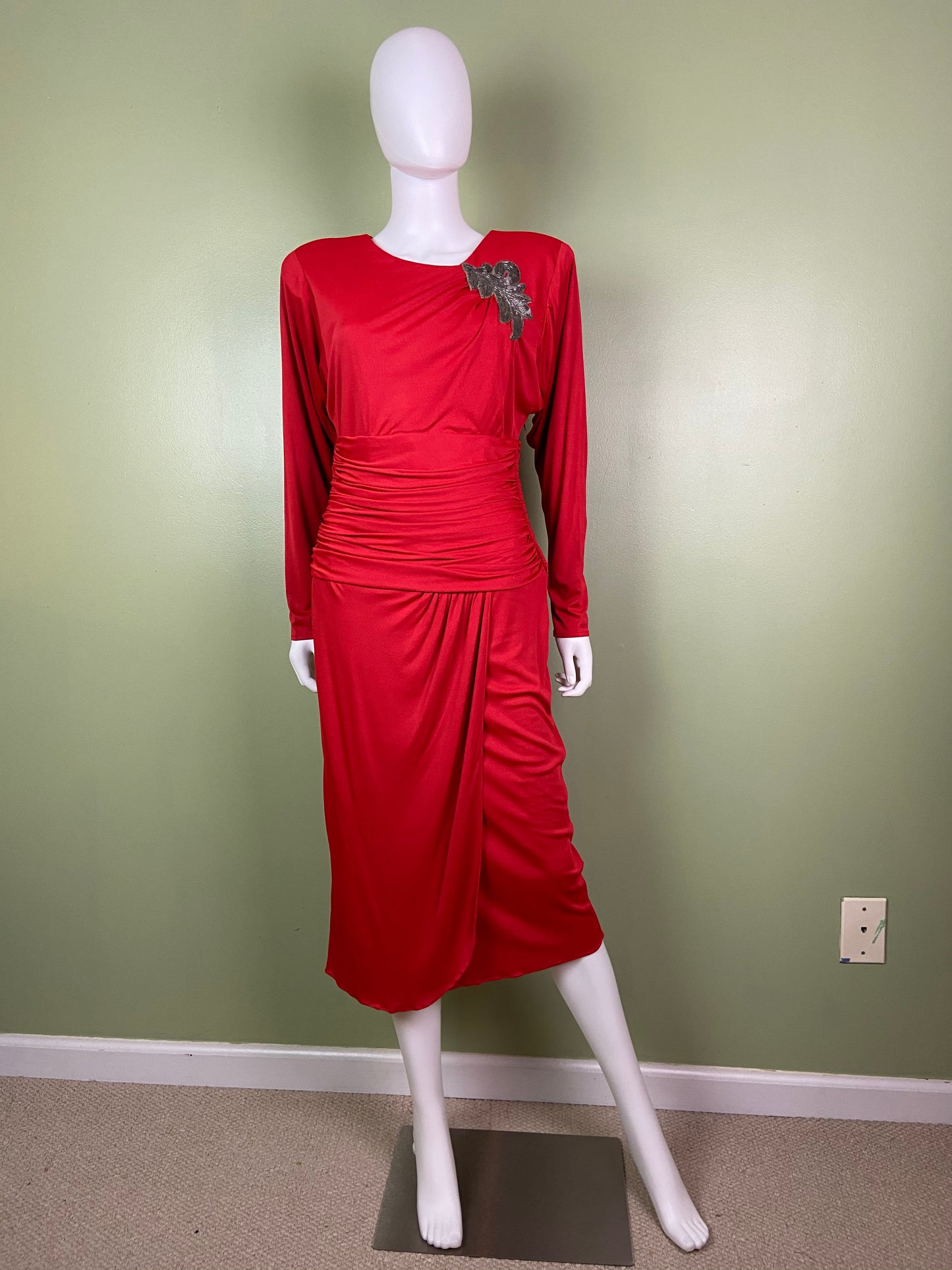 Vintage Bright Beaded Red Ruche Drape Dress Abby Essie