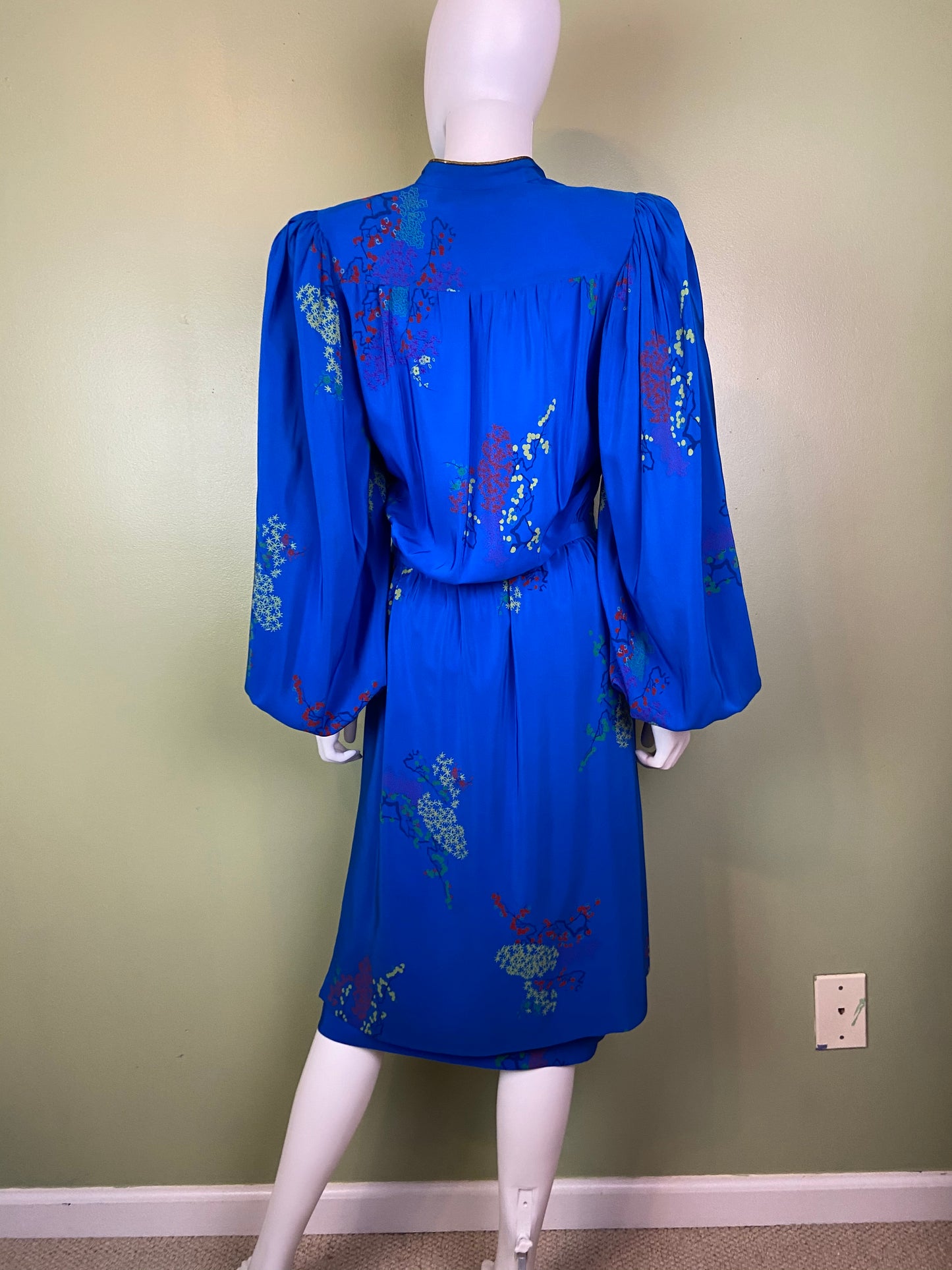 LANVIN Vintage Floral Royal Blue Silk Dress with Skirt Abby Essie