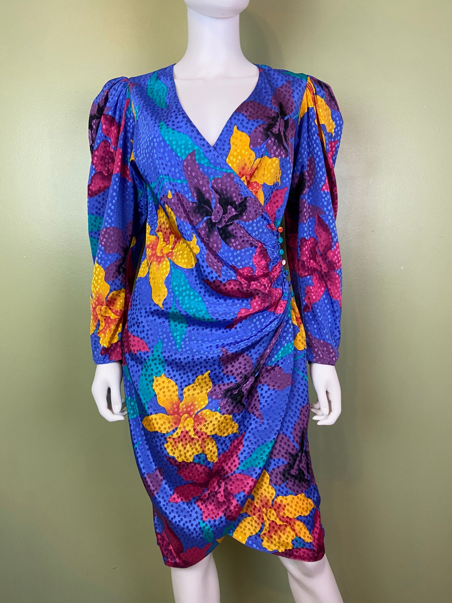 Vintage Silky Blue Floral Wrap Dress ABBY ESSIE Designer & Vintage