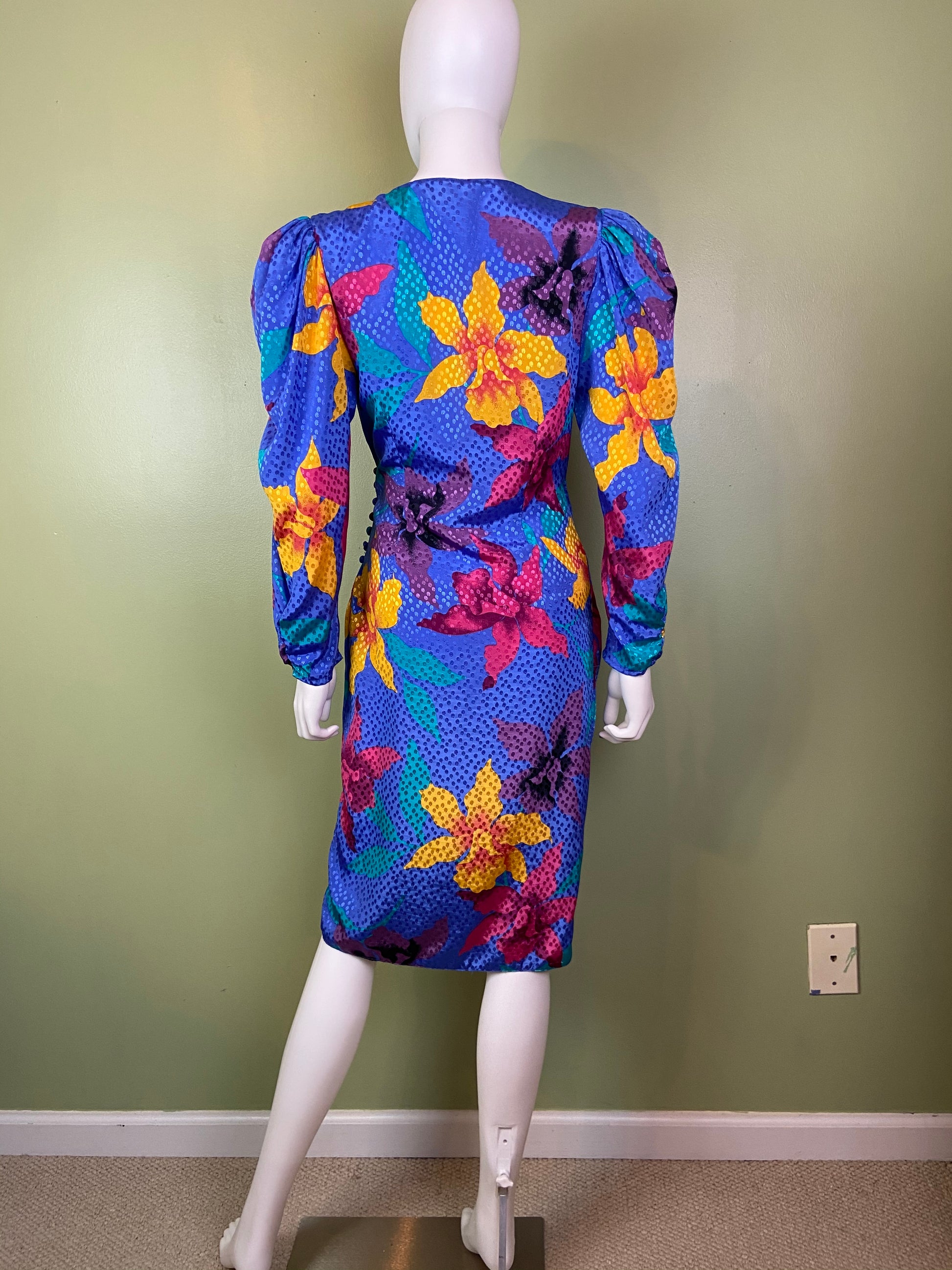 Vintage Silky Blue Floral Wrap Dress ABBY ESSIE Designer & Vintage