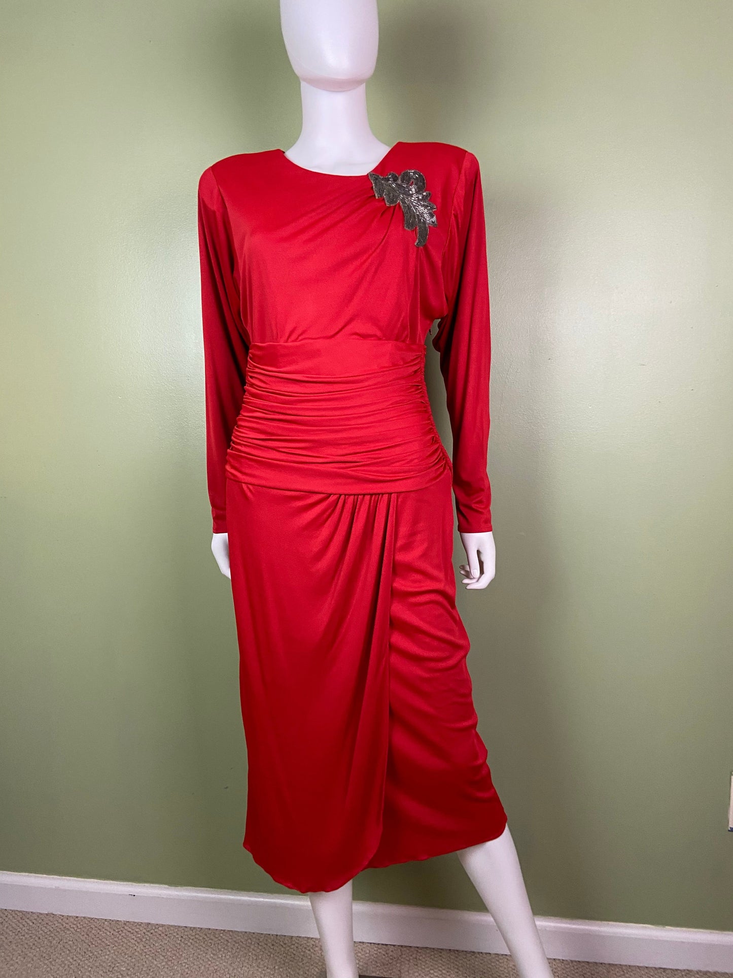 Vintage Bright Beaded Red Ruche Drape Dress Abby Essie