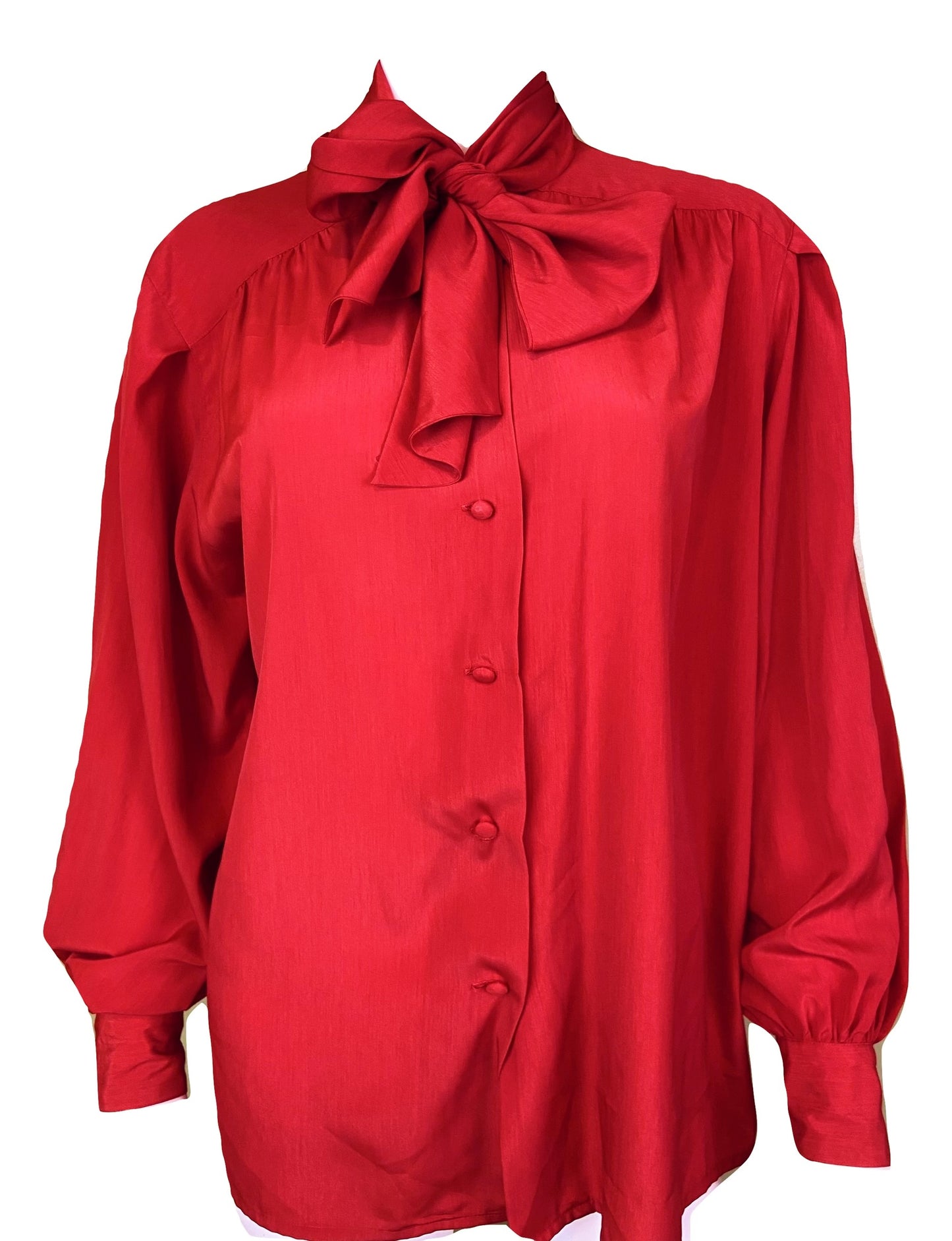 Vintage Red Kitten Bow Silky Blouson Sleeve Career Cocktail