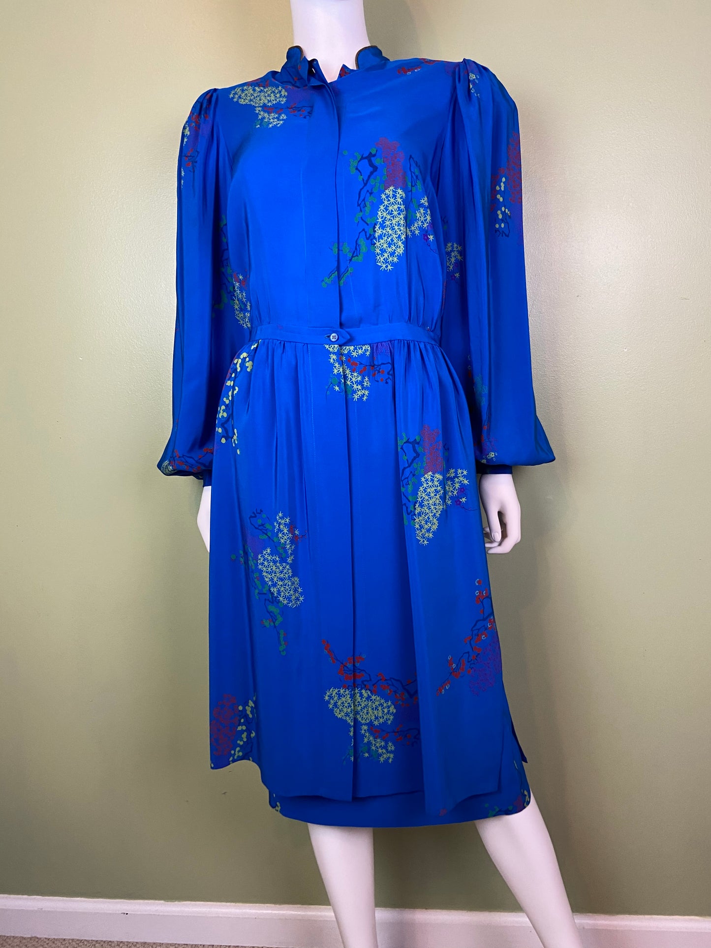 LANVIN Vintage Floral Royal Blue Silk Dress with Skirt Abby Essie