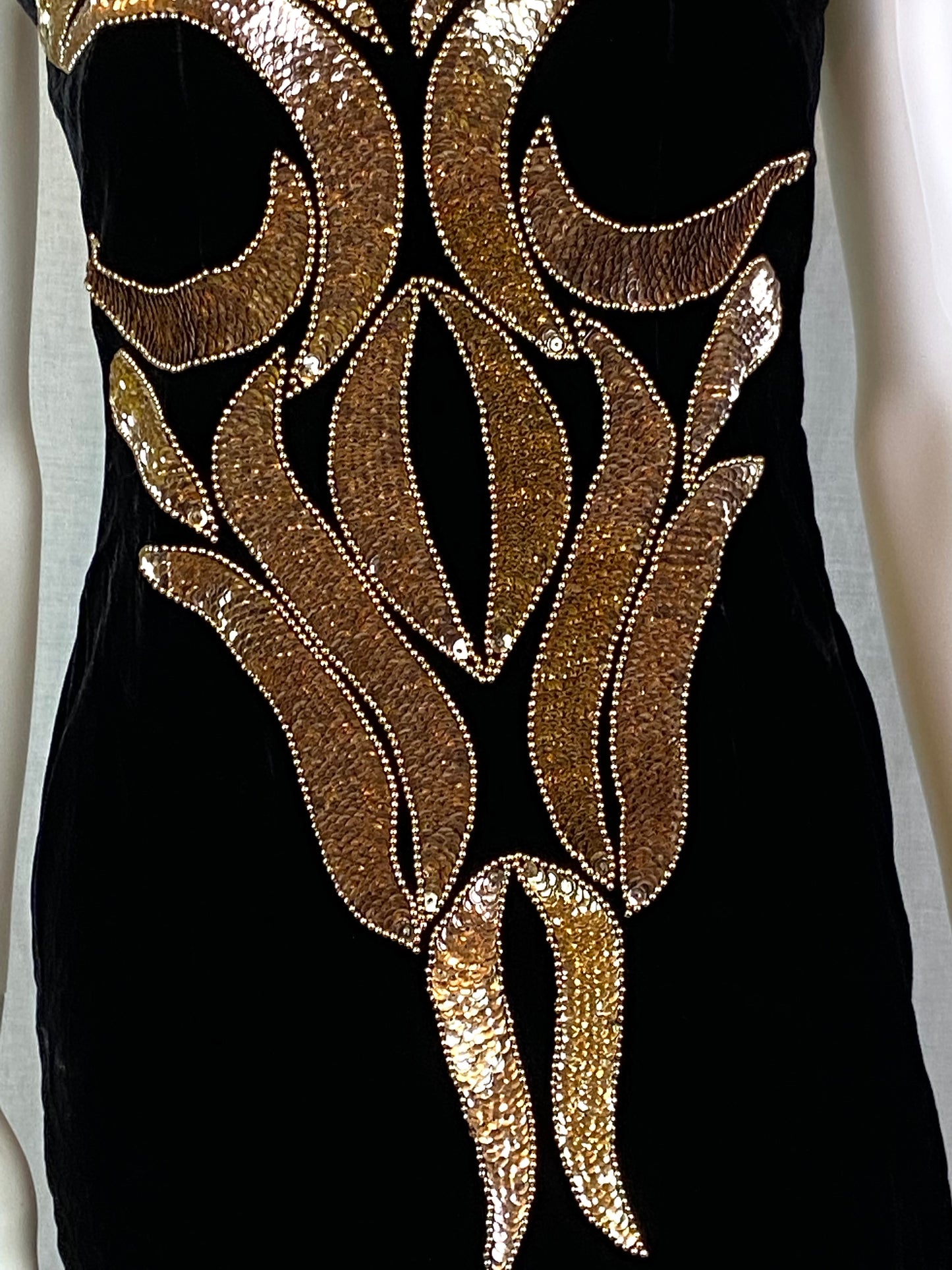 Vtg Black Velvet Gold Sequin Column Gown ABBY ESSIE STUDIOS