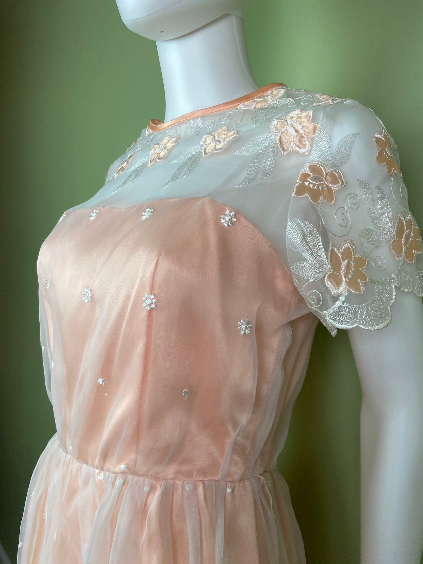 Vintage Victorian Bespoke Pink Peach Satin Sheer Embroidered Floral Lace Dress Gown Abby Essie