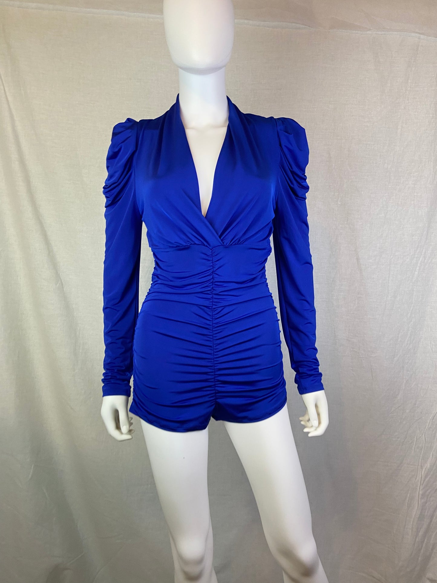 Sabora Royal Blue Ruche Mini Shorts Romper ABBY ESSIE STUDIOS