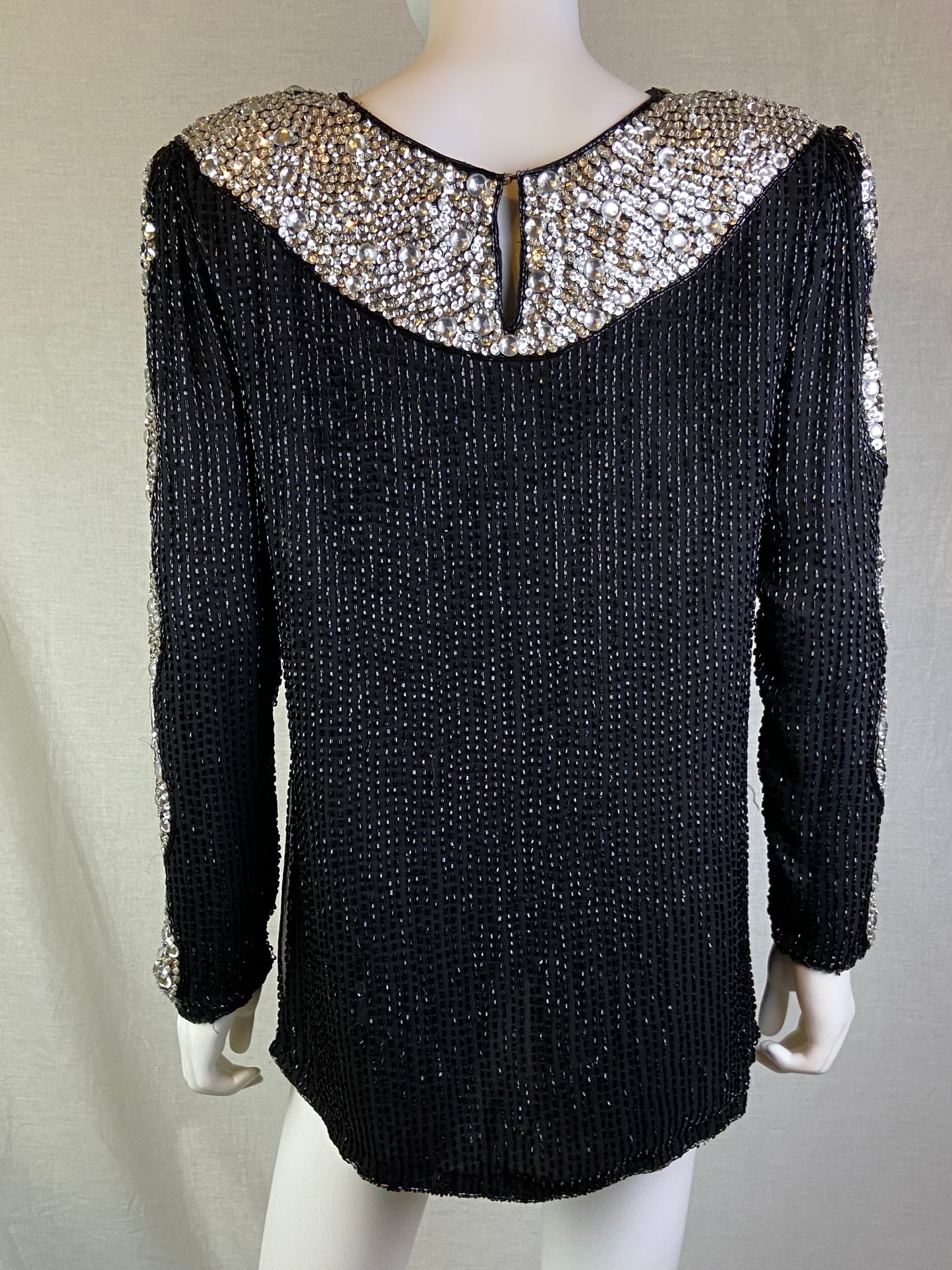 Oleg Cassini Black Silver Sequin Beaded Rhinestone Silk Top