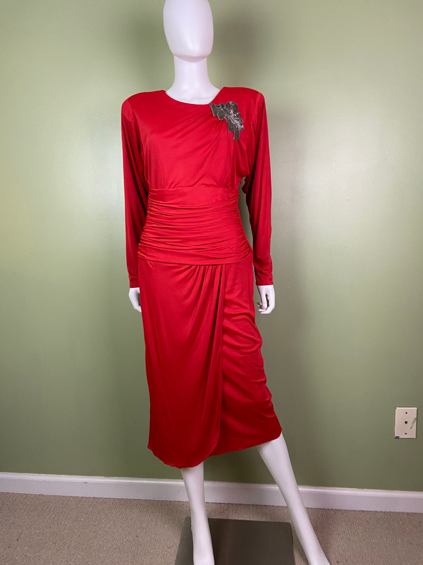 Vintage Bright Beaded Red Ruche Drape Dress Abby Essie