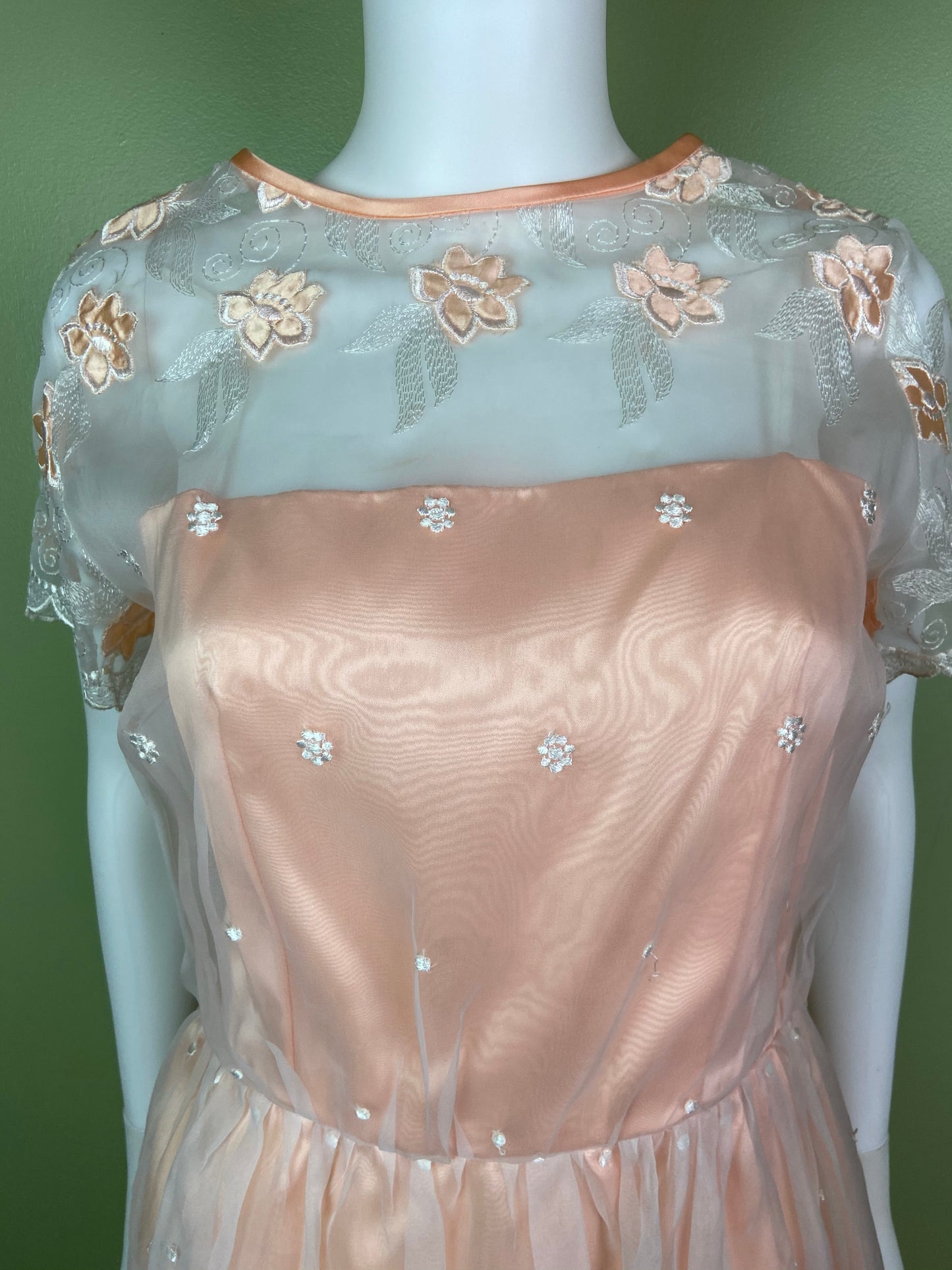 Vintage Victorian Bespoke Pink Peach Satin Sheer Embroidered Floral Lace Dress Gown Abby Essie