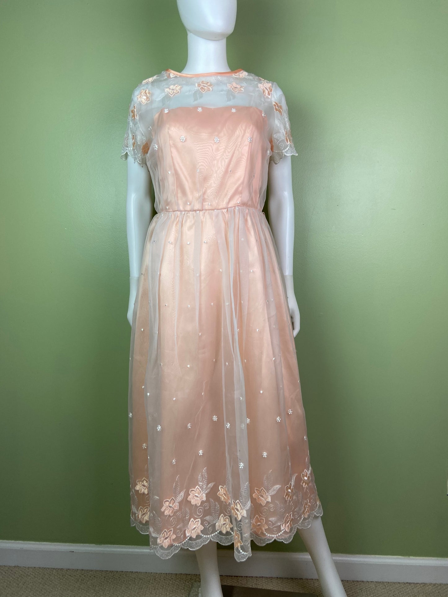 Vintage Victorian Bespoke Pink Peach Satin Sheer Embroidered Floral Lace Dress Gown Abby Essie