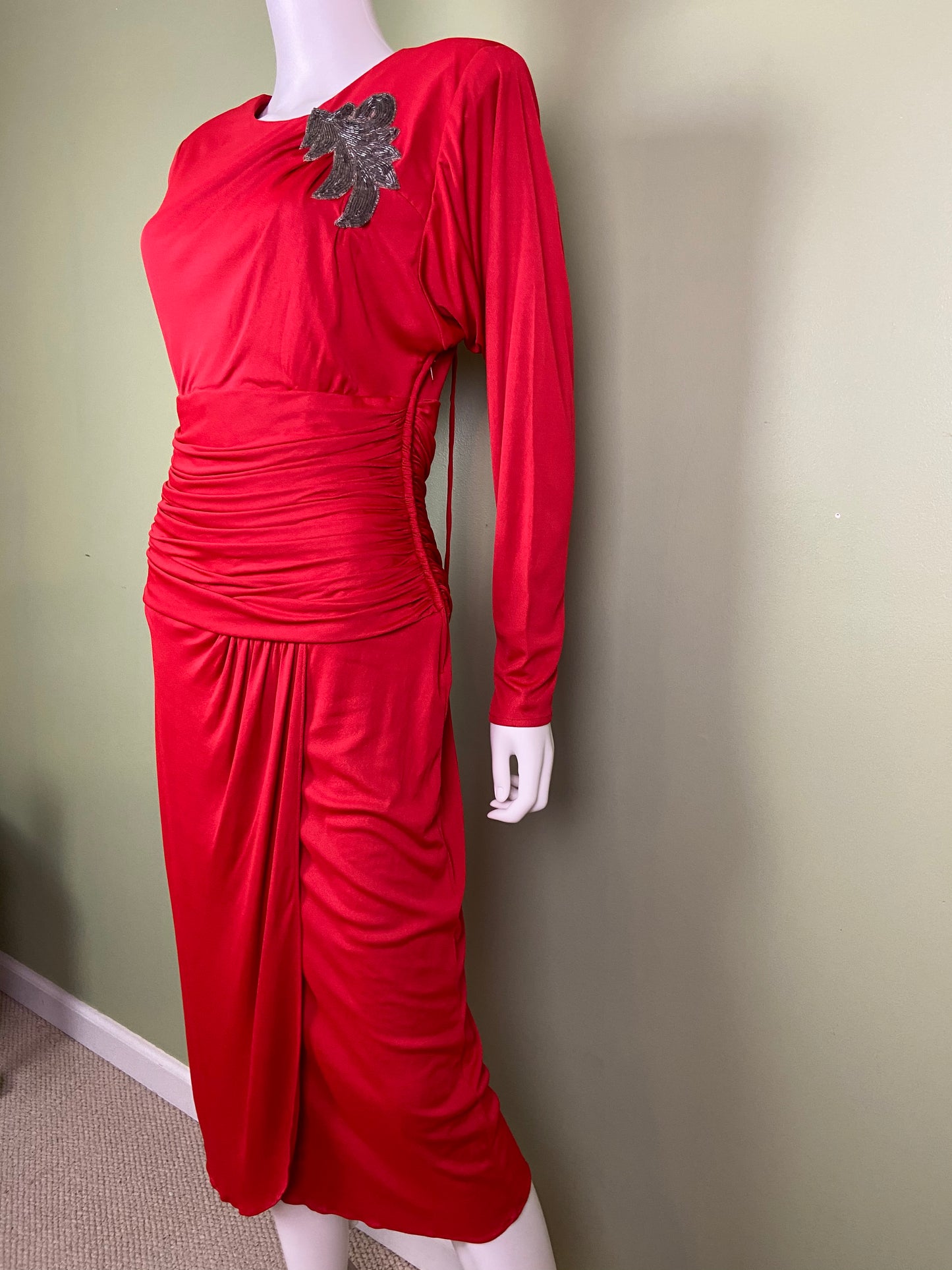 Vintage Bright Beaded Red Ruche Drape Dress Abby Essie