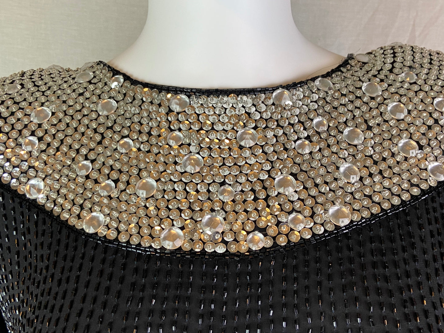 Oleg Cassini Black Silver Sequin Beaded Rhinestone Silk Top