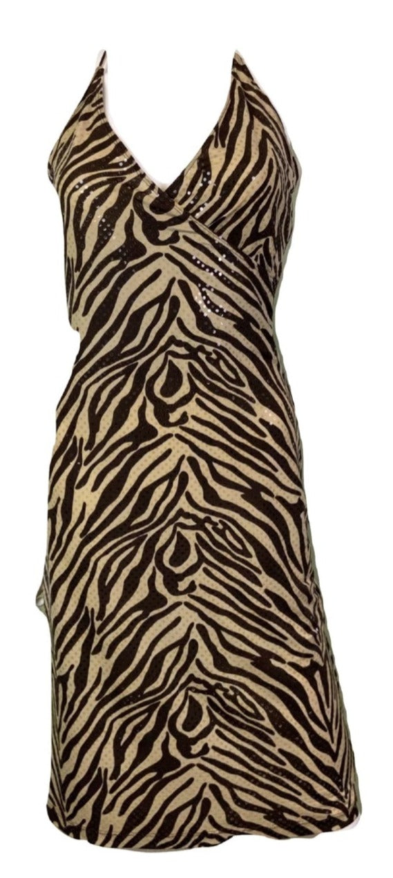 Vintage Brown Cheetah Print Sequin Stretch Wrap Dress Abby Essie