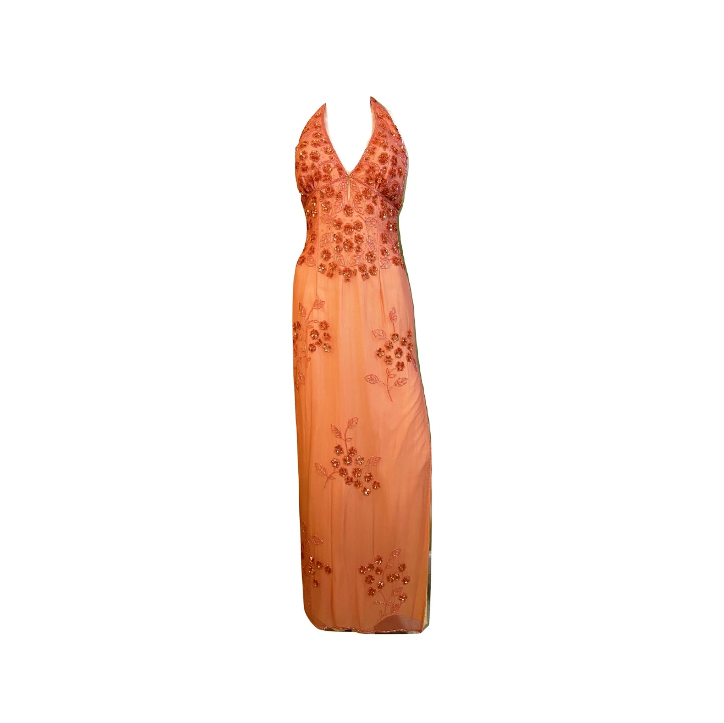Pink Silk Sequin Beaded Halter Gown