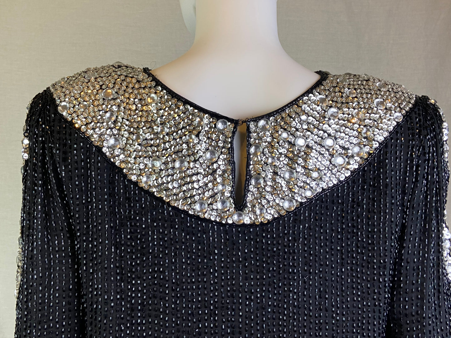 Oleg Cassini Black Silver Sequin Beaded Rhinestone Silk Top