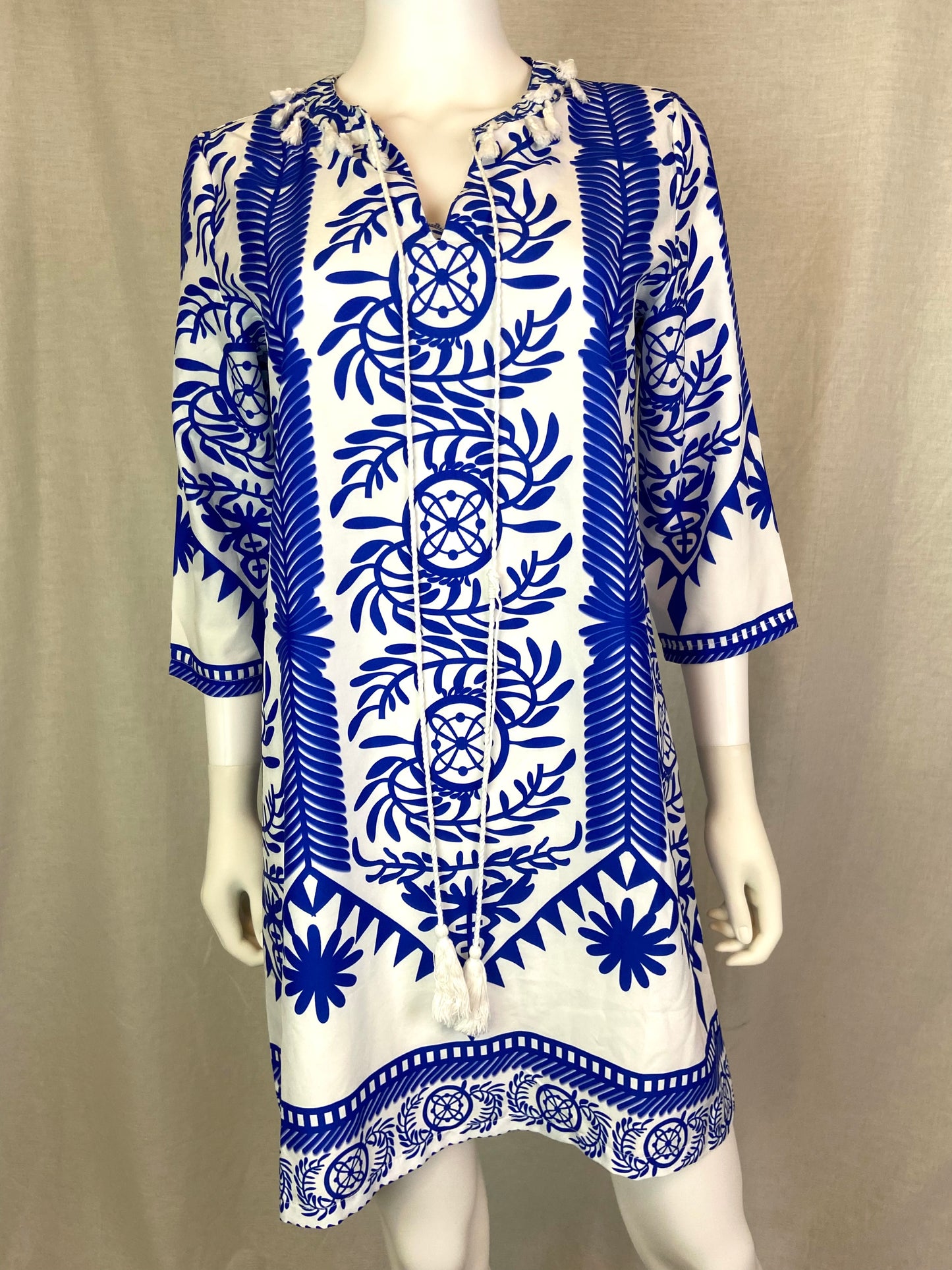 Blue White Silky Geometric Dress Coverup Small ABBY ESSIE STUDIOS