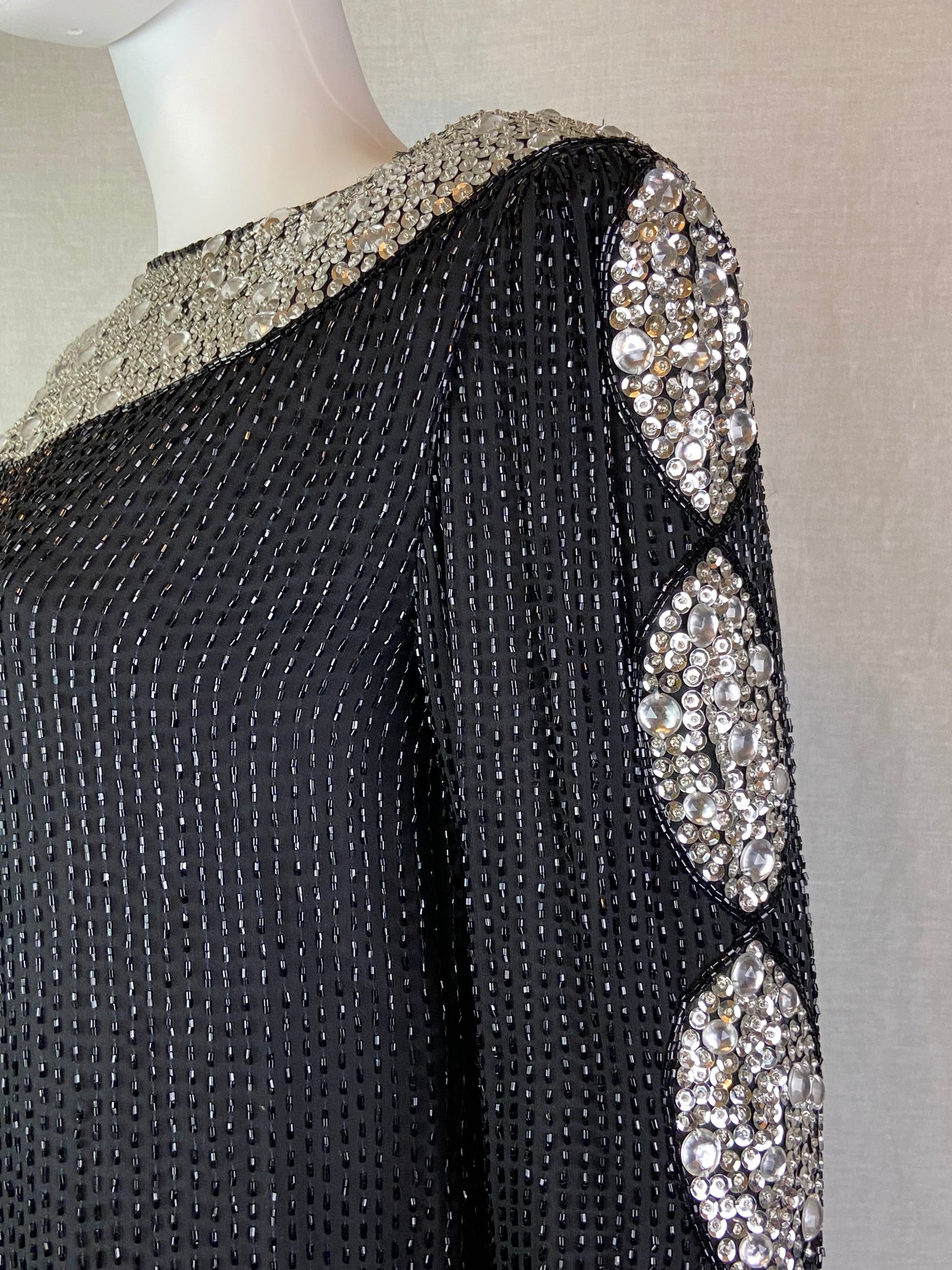 Oleg Cassini Black Silver Sequin Beaded Rhinestone Silk Top