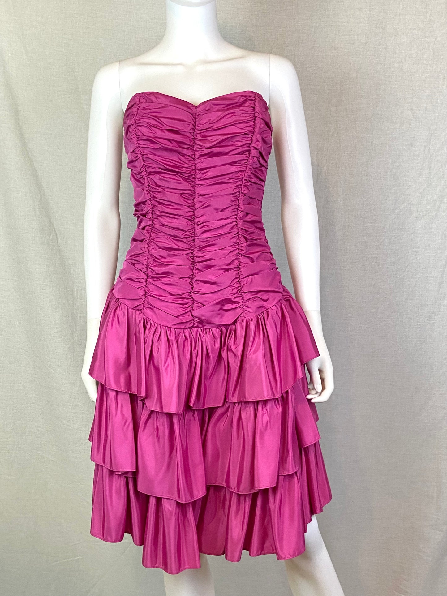 Vintage Positively ELLYN Hot Pink Satin Ruche Ruffle Dress ABBY ESSIE STUDIOS