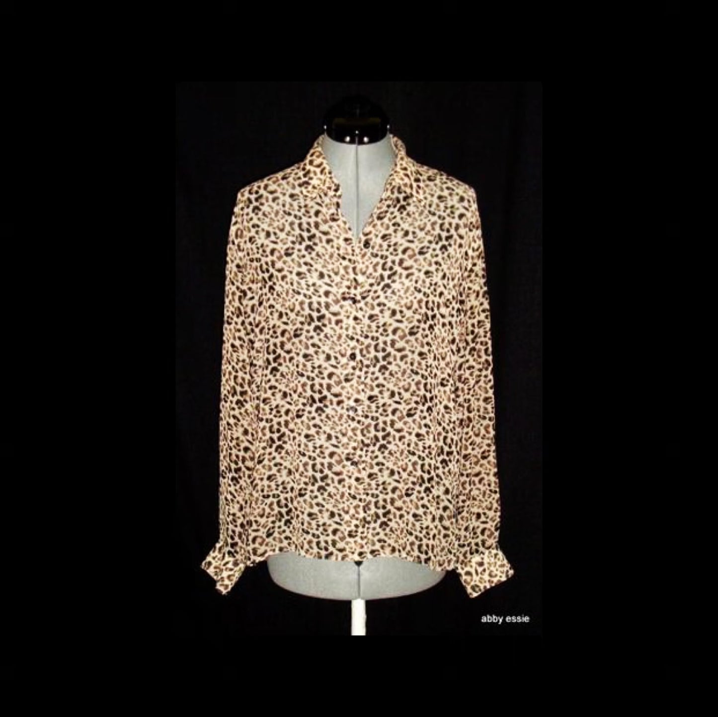 Liz Claiborne Lizsport Beige Tan Brown Cheetah Animal Sheer Silky Blouse 10