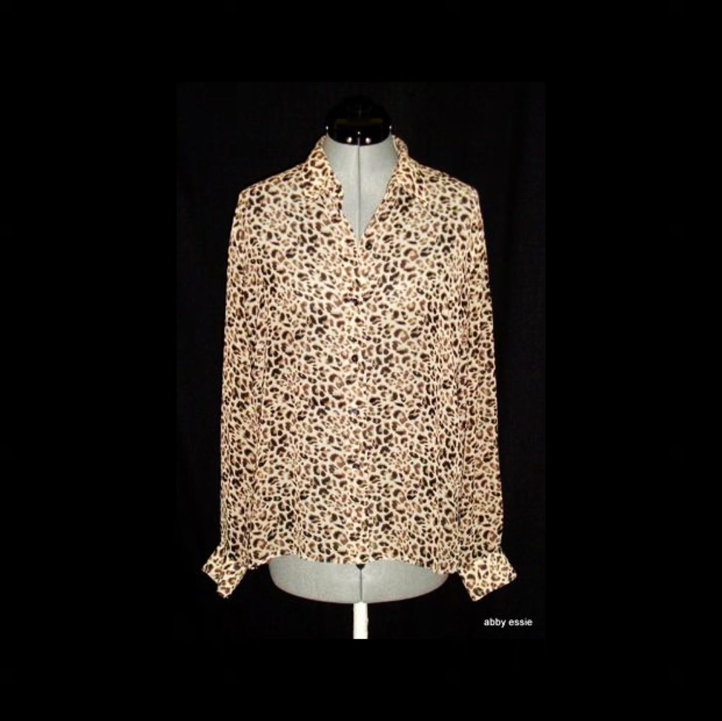 Liz Claiborne Lizsport  Beige Tan Brown Cheetah Animal Sheer Silky Blouse 10 Abby Essie