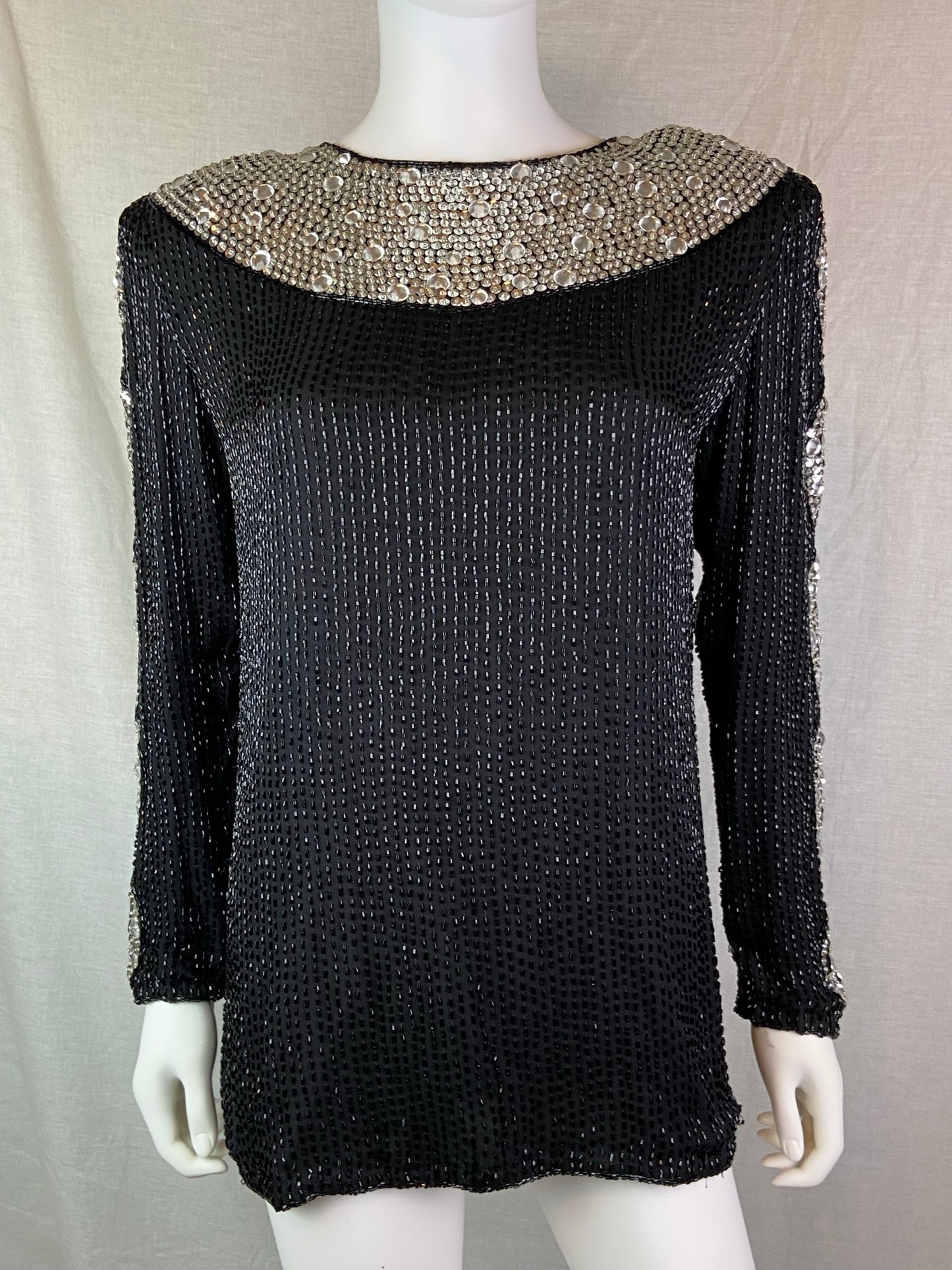Oleg Cassini Black Silver Sequin Beaded Rhinestone Silk Top