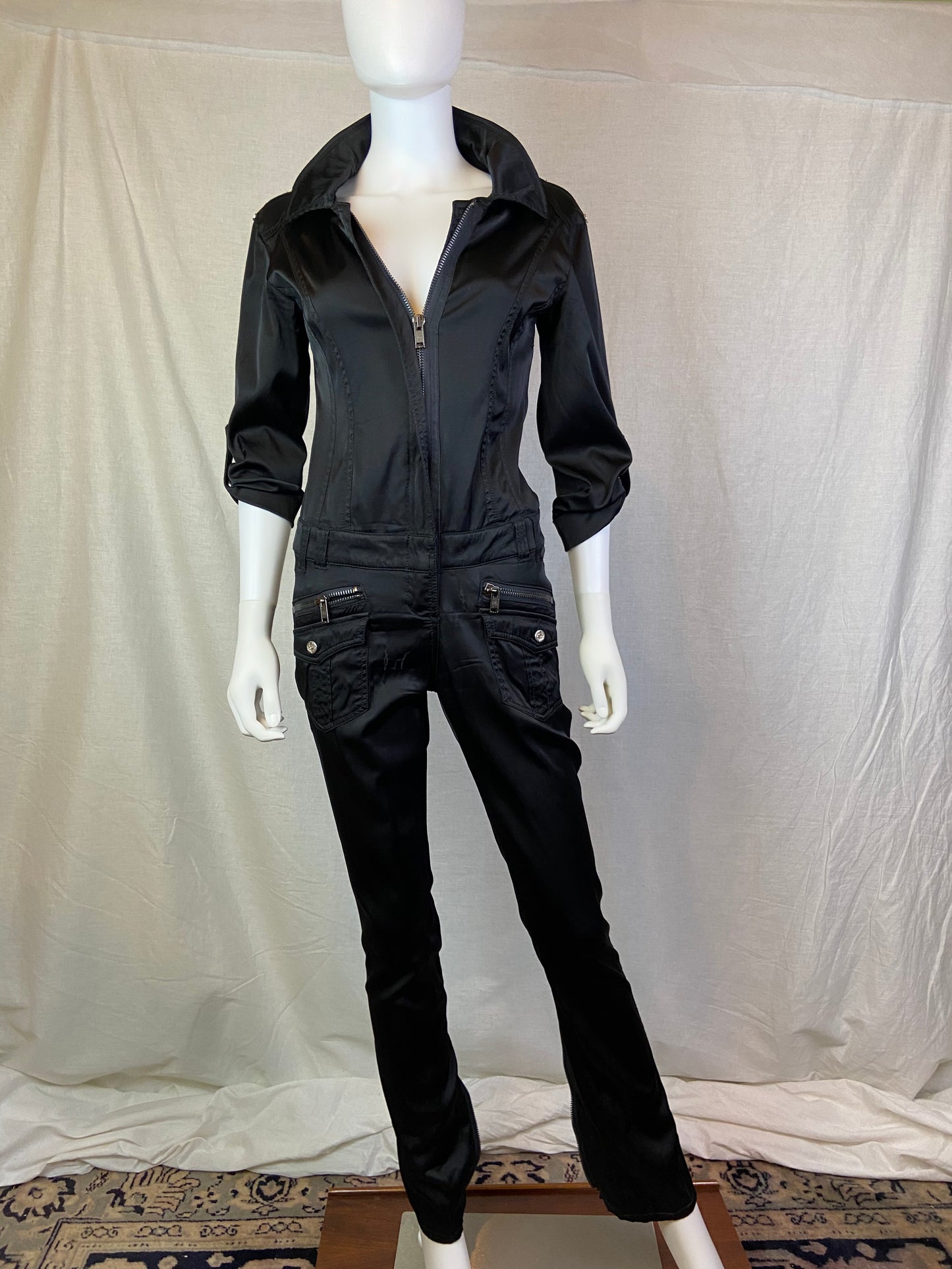 BEBE Premium Black Satin Zipper Jumpsuit ABBY ESSIE STUDIOS