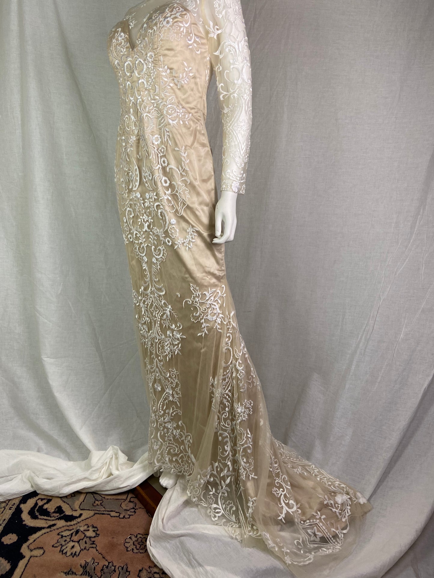 Vtg Champagne Cream Beige Embroidered Sheer Satin Wedding Gown ABBY ESSIE STUDIOS