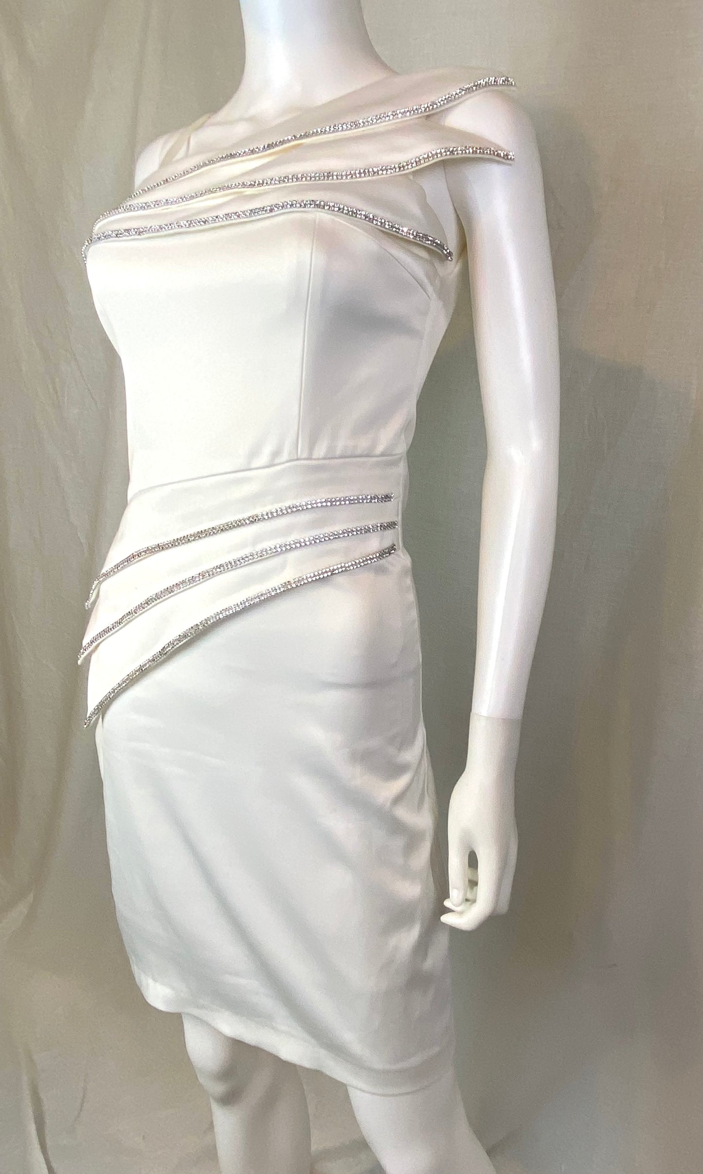 White Satin Rhinestone Asymetrical Cocktail Dress Small XS ABBY ESSIE STUDIOS