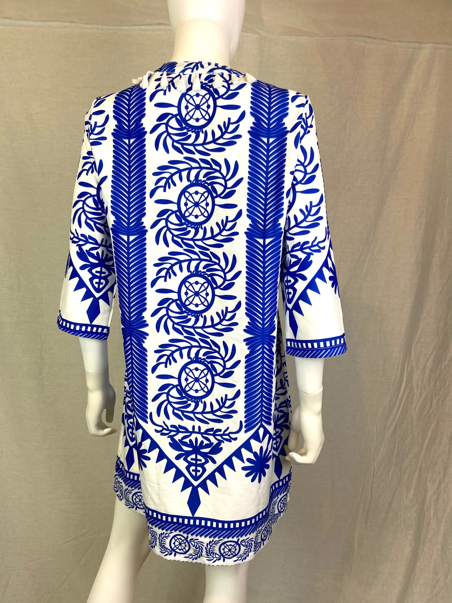 Blue White Silky Geometric Dress Coverup Small ABBY ESSIE STUDIOS