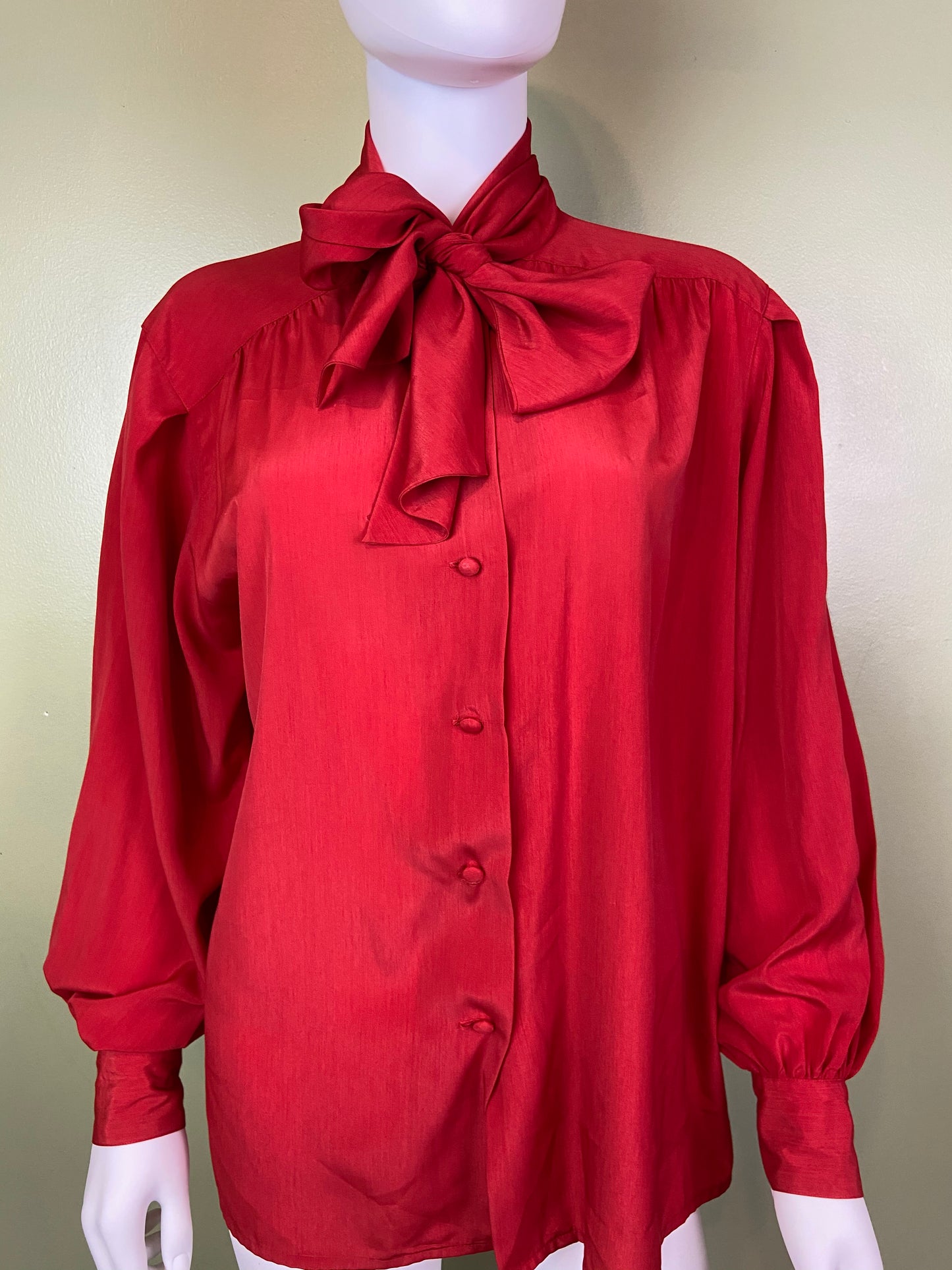 Vintage Red Kitten Bow Silky Blouson Sleeve Career Cocktail