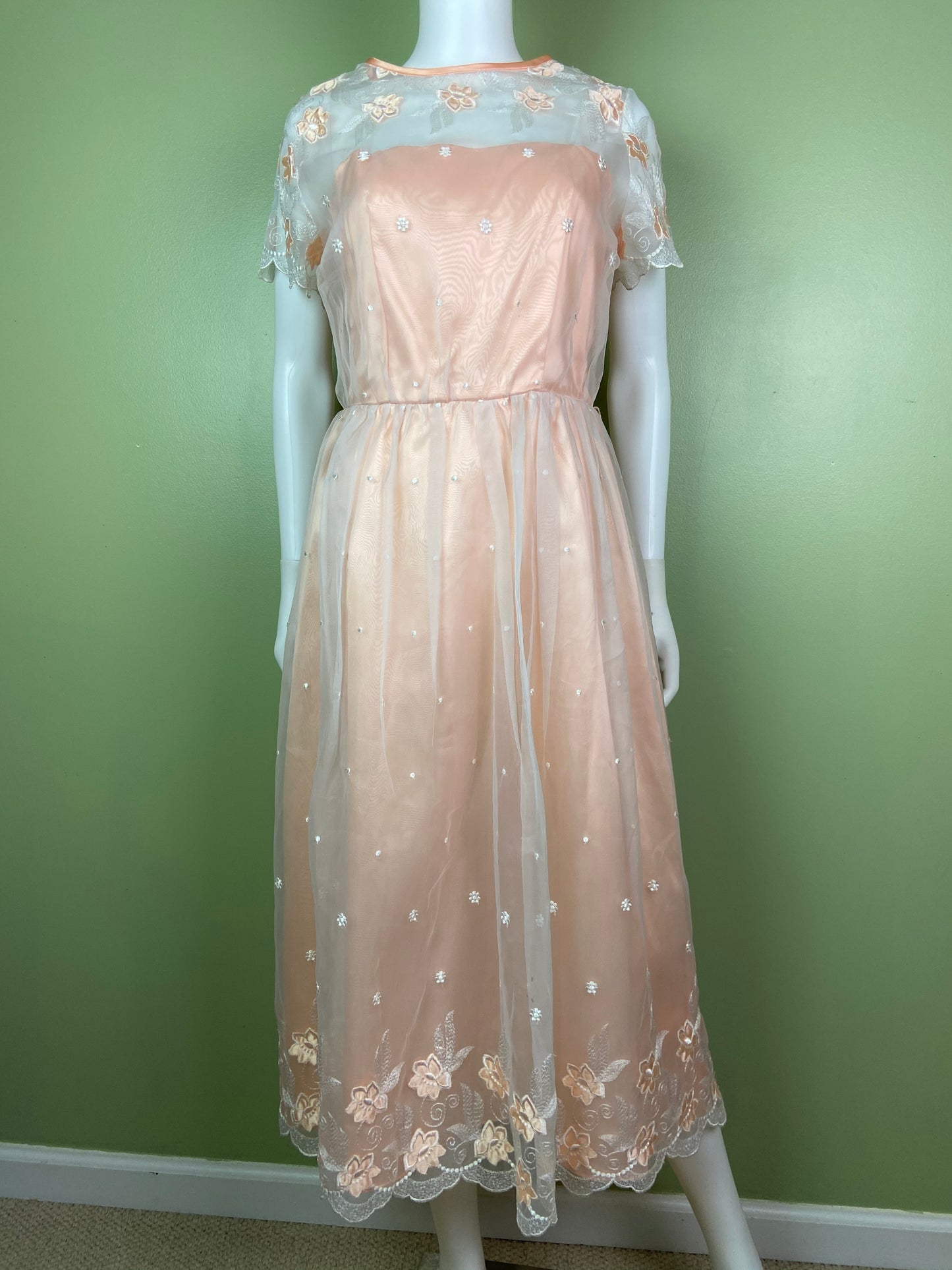 Vintage Victorian Bespoke Pink Peach Satin Sheer Embroidered Floral Lace Dress Gown Abby Essie