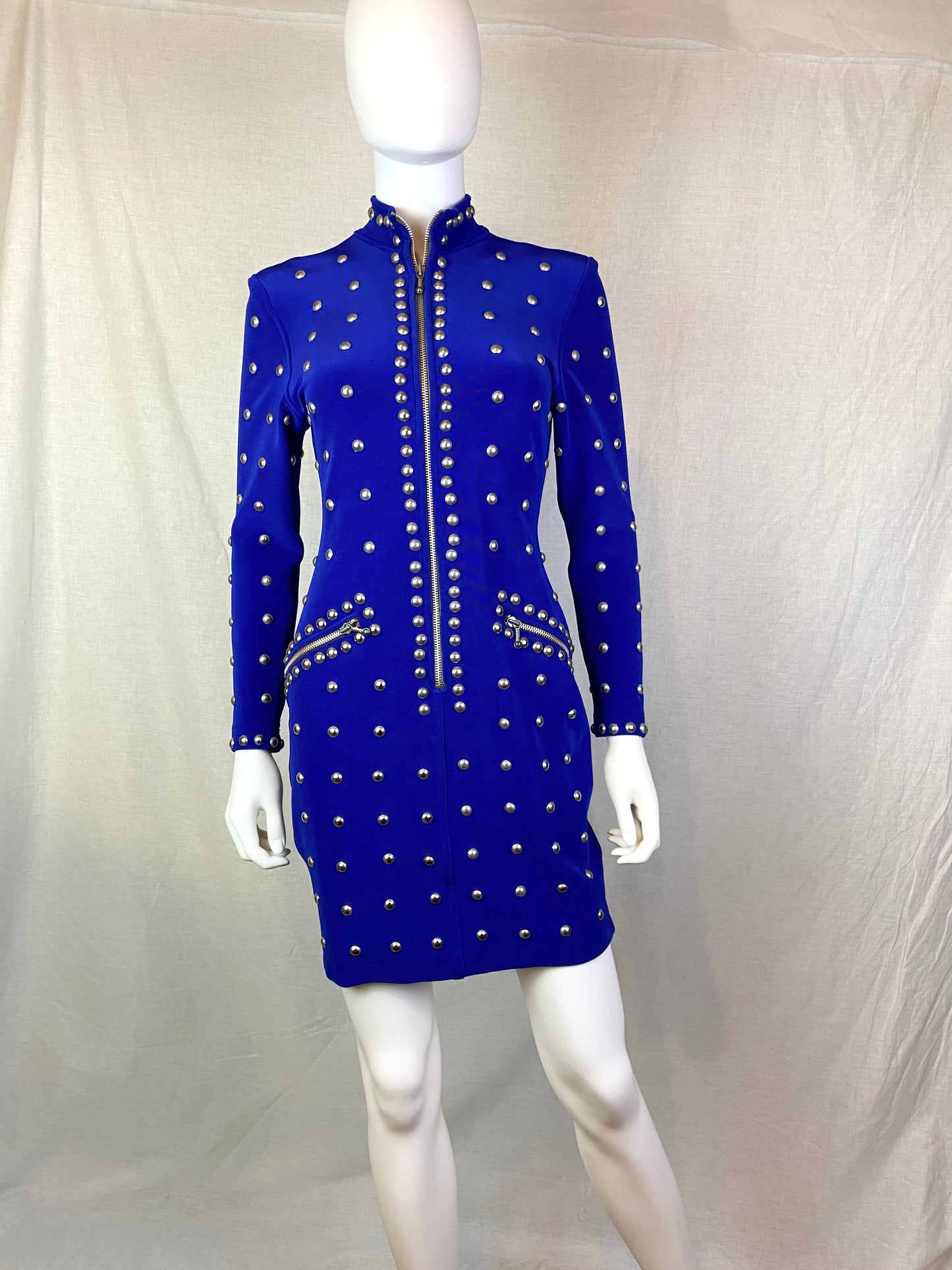 VINTAGE TADASHI ROYAL BLUE SILVER METAL STUDDED BODYCON DRESS ABBY ESSIE STUDIOS