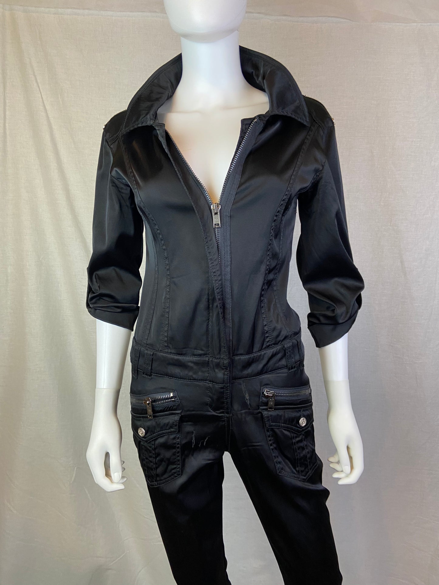 BEBE Premium Black Satin Zipper Jumpsuit ABBY ESSIE STUDIOS