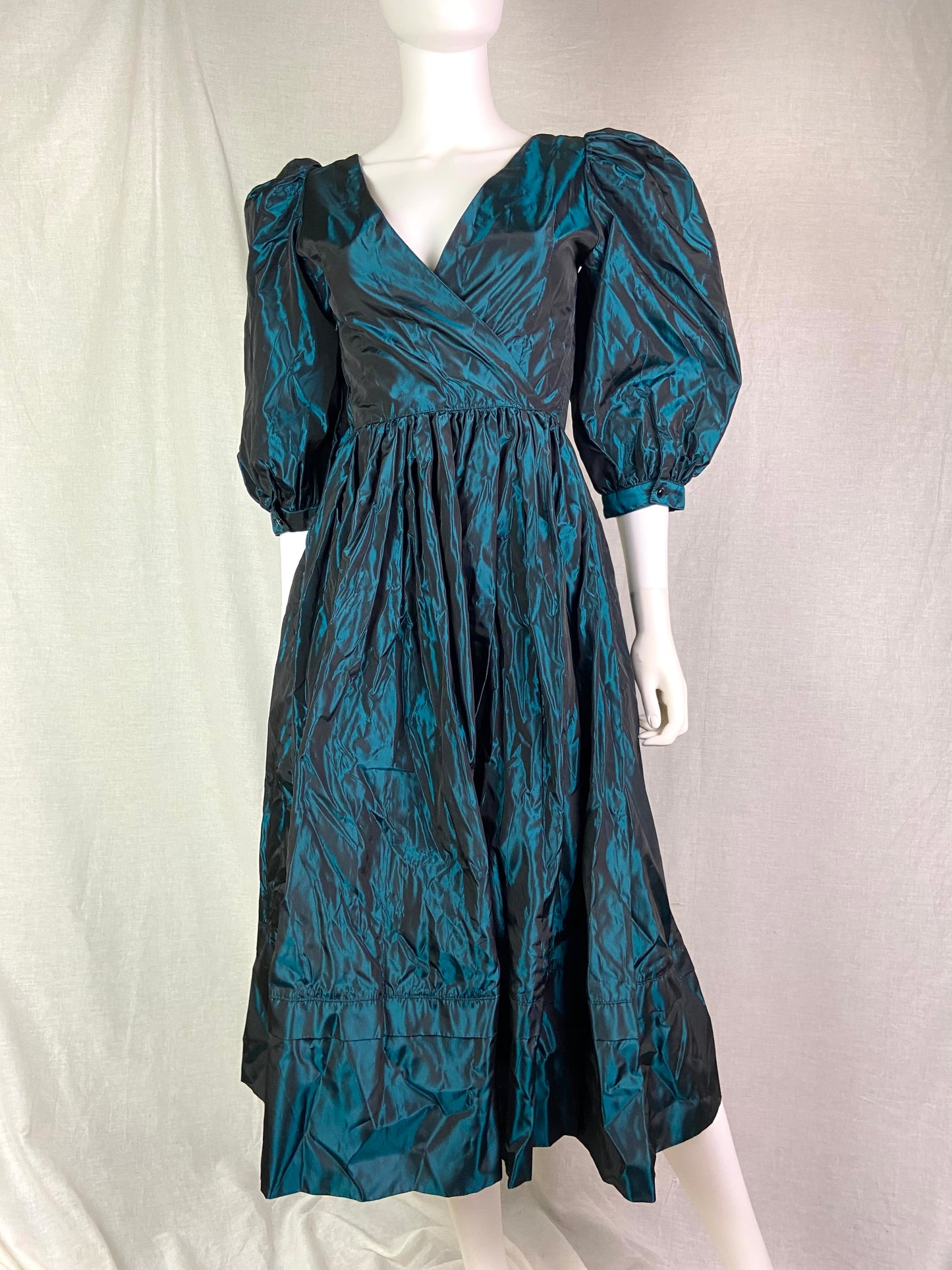 Vintage Laura Ashley Emerald Green Metallic Wrap Princess Gown Dress ABBY ESSIE STUDIOS