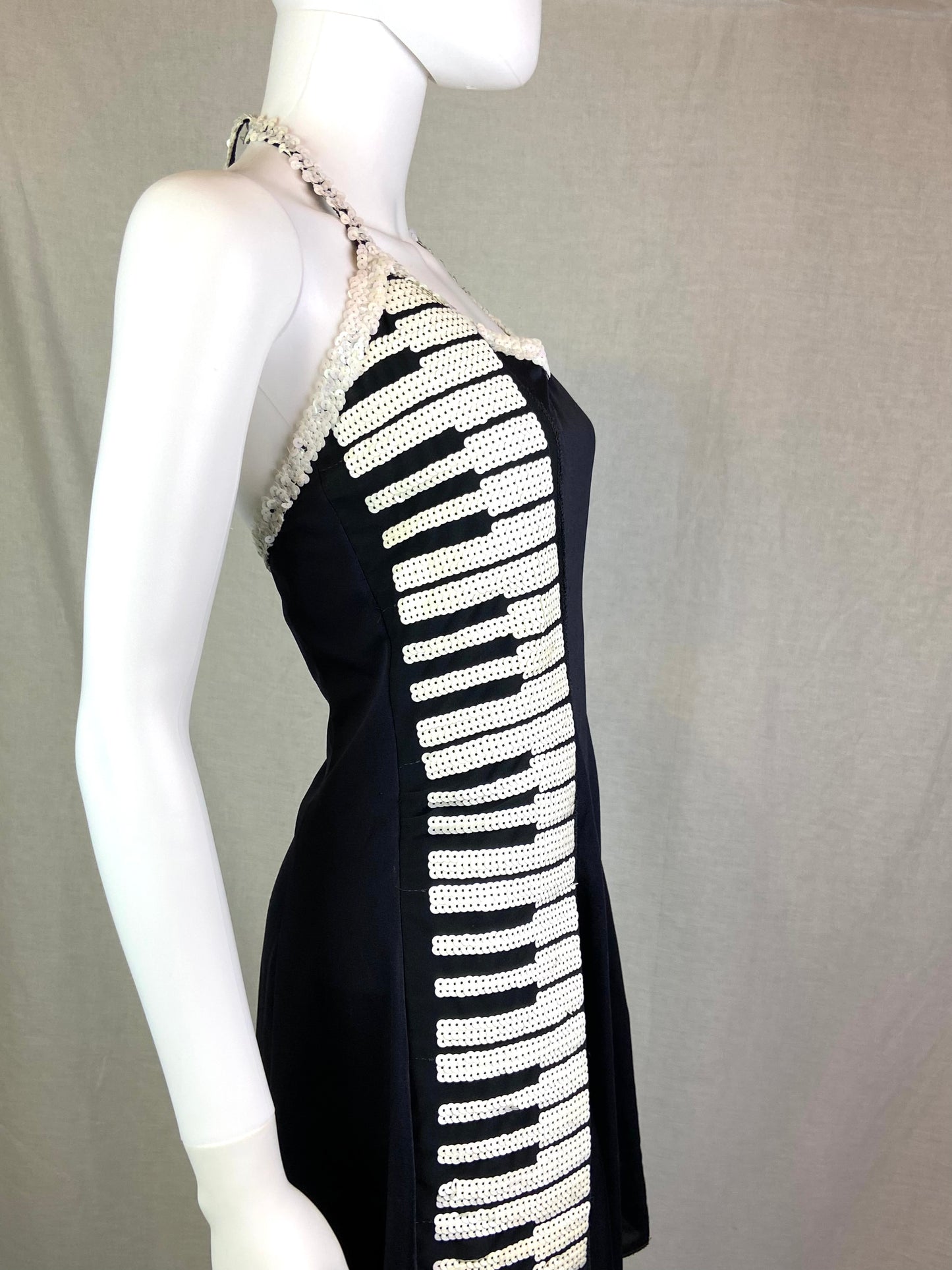 Vintage Sequin Piano Black White Halter Cocktail Costume Dress ABBY ESSIE STUDIOS