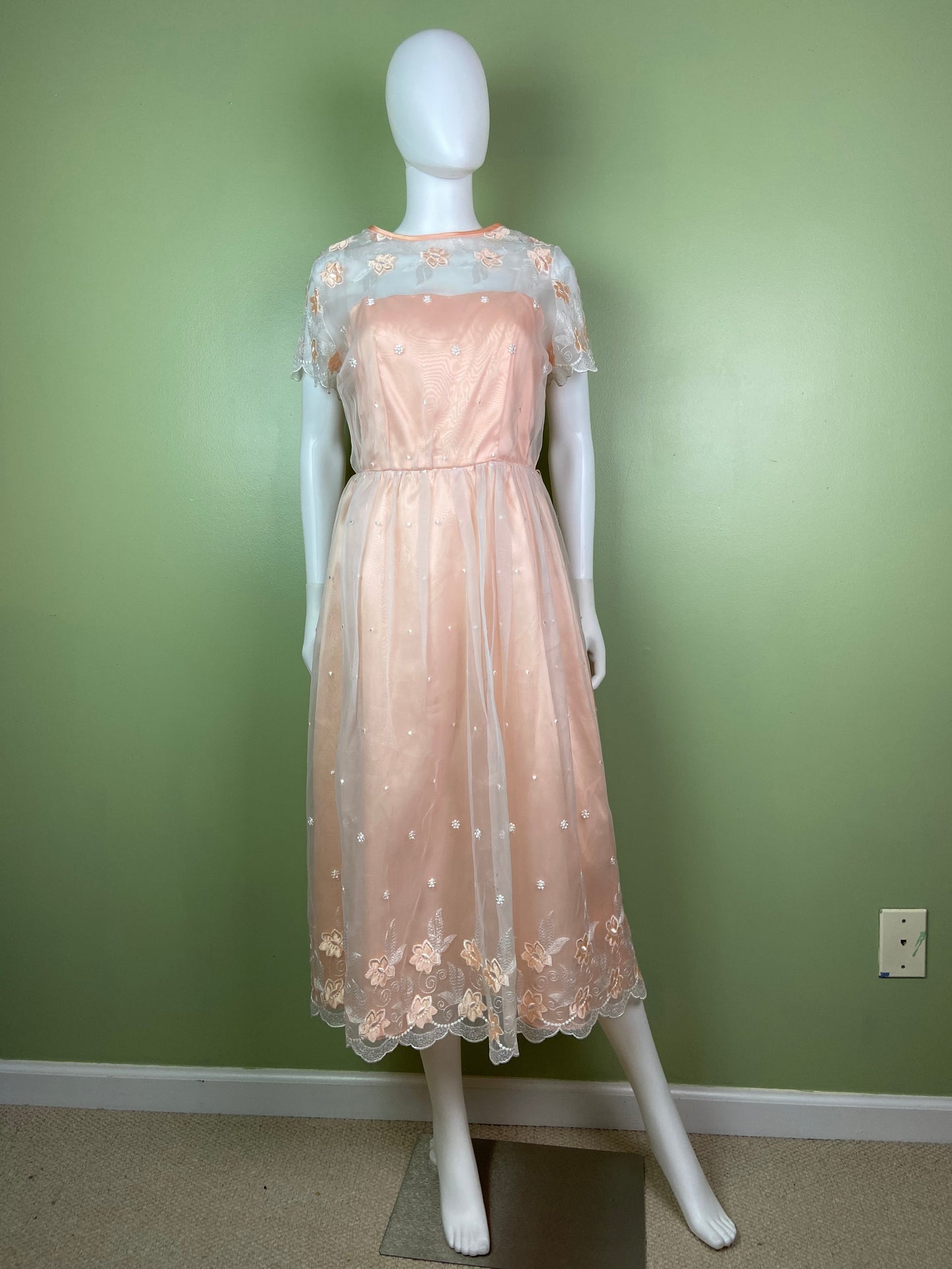 Vintage Victorian Bespoke Pink Peach Satin Sheer Embroidered Floral Lace Dress Gown Abby Essie