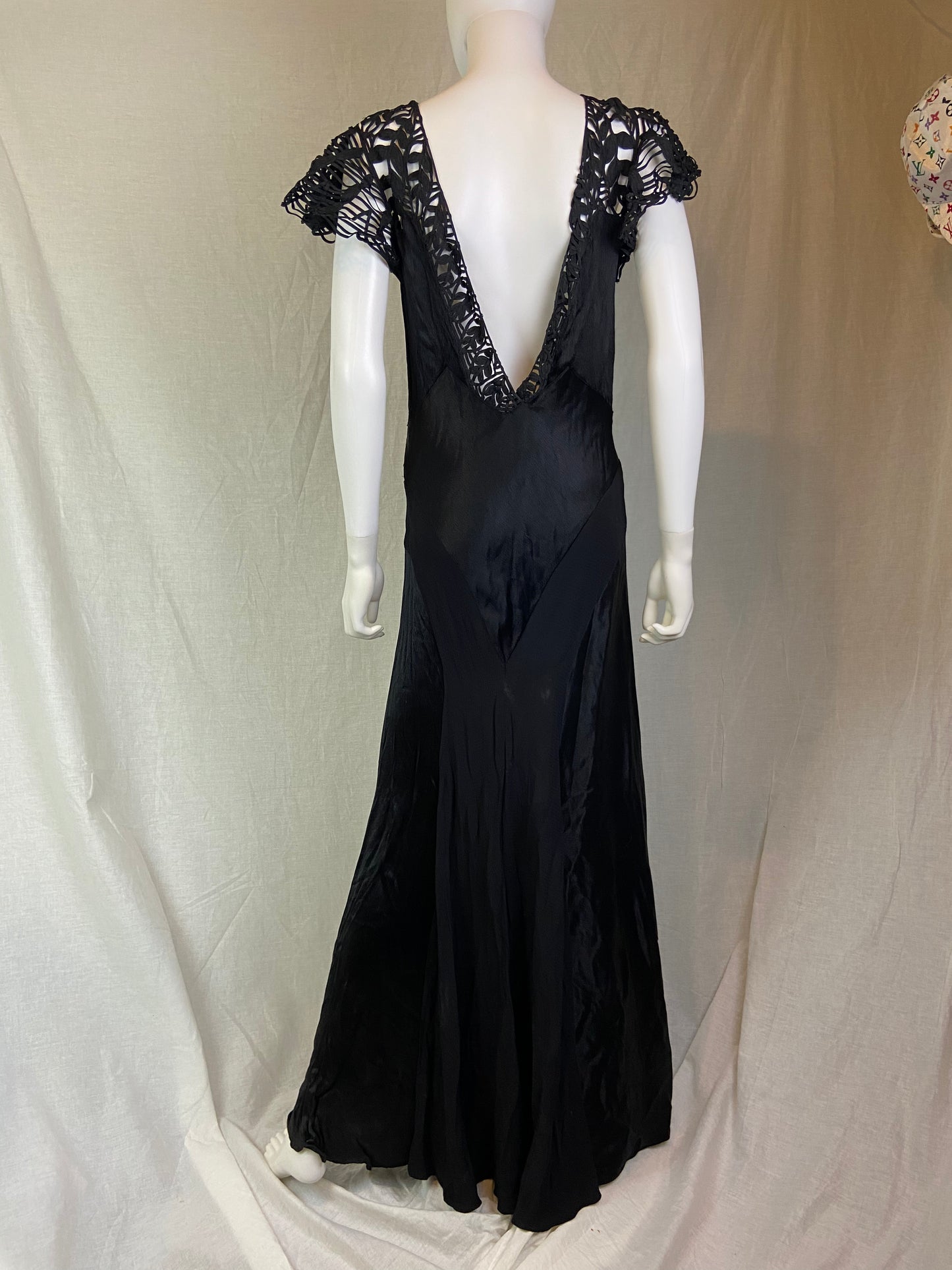 Antique Black Woven Lace Silk Bias Gown ABBY ESSIE STUDIOS