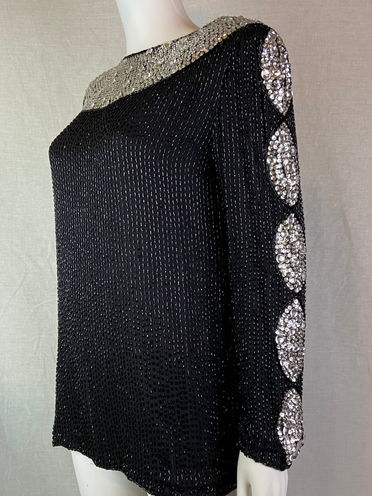 Oleg Cassini Black Silver Sequin Beaded Rhinestone Silk Top