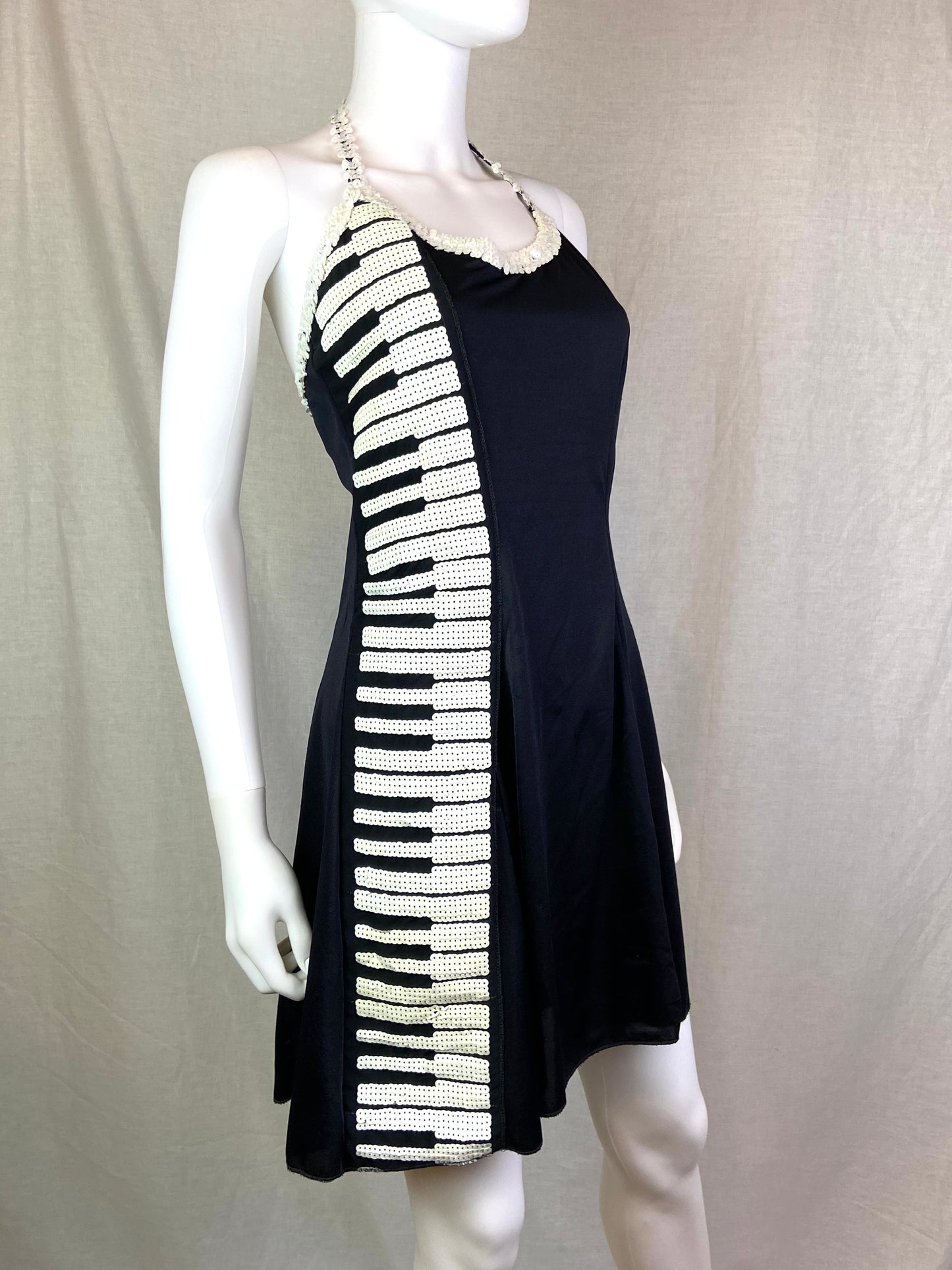 Vintage Sequin Piano Black White Halter Cocktail Costume Dress ABBY ESSIE STUDIOS