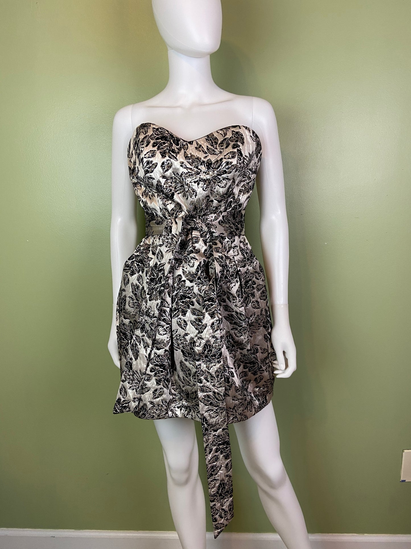 Silver Lame Black Floral Strapless Bustier Bubble Dress Abby Essie