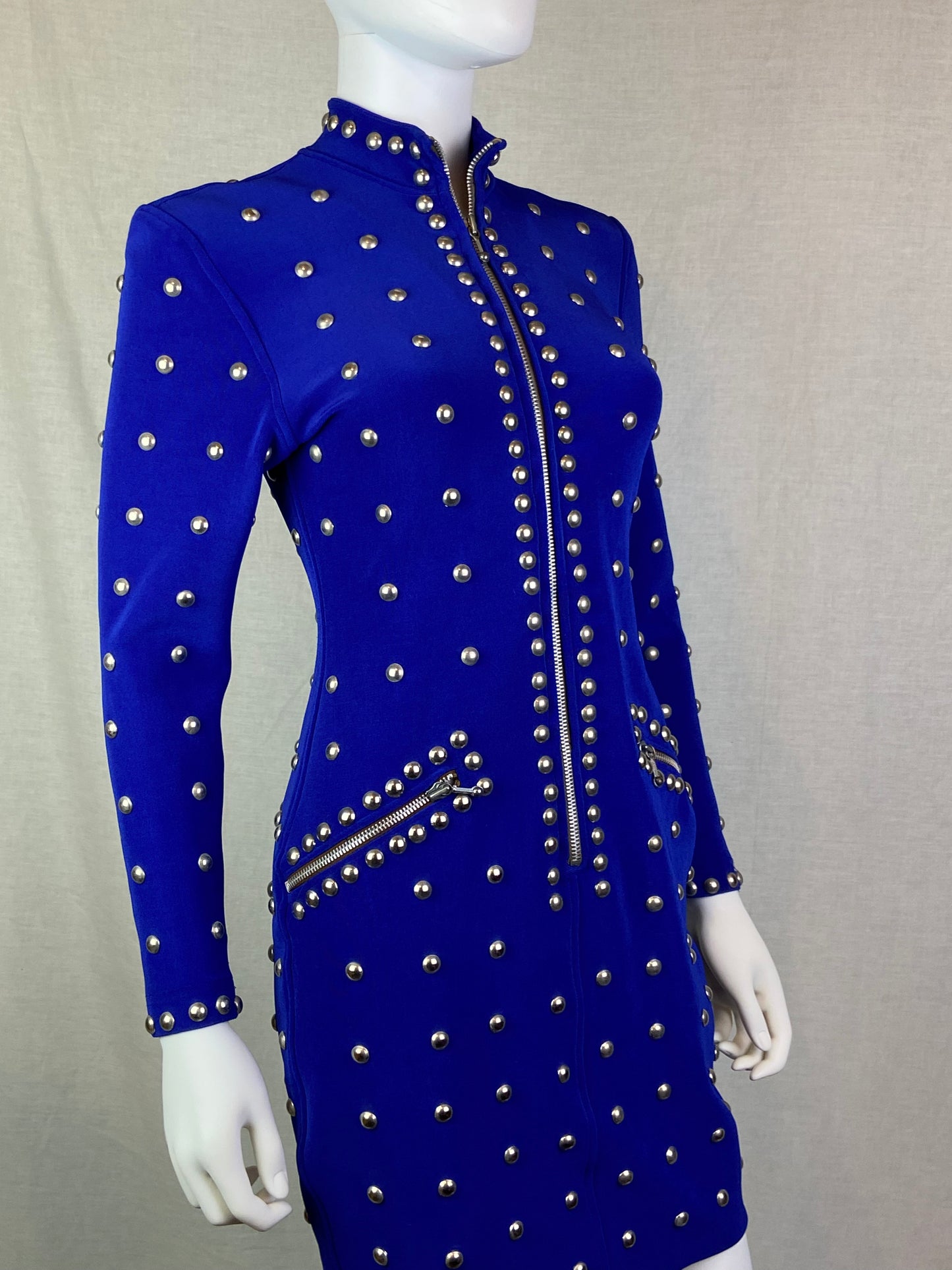 VINTAGE TADASHI ROYAL BLUE SILVER METAL STUDDED BODYCON DRESS ABBY ESSIE STUDIOS