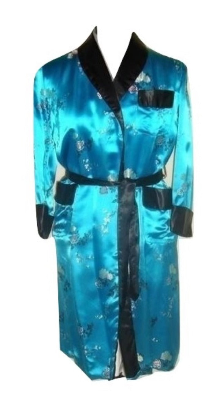 Vintage Blue Turquoise Satin Smoking Jacket Asian Brocade Floral Abby Essie