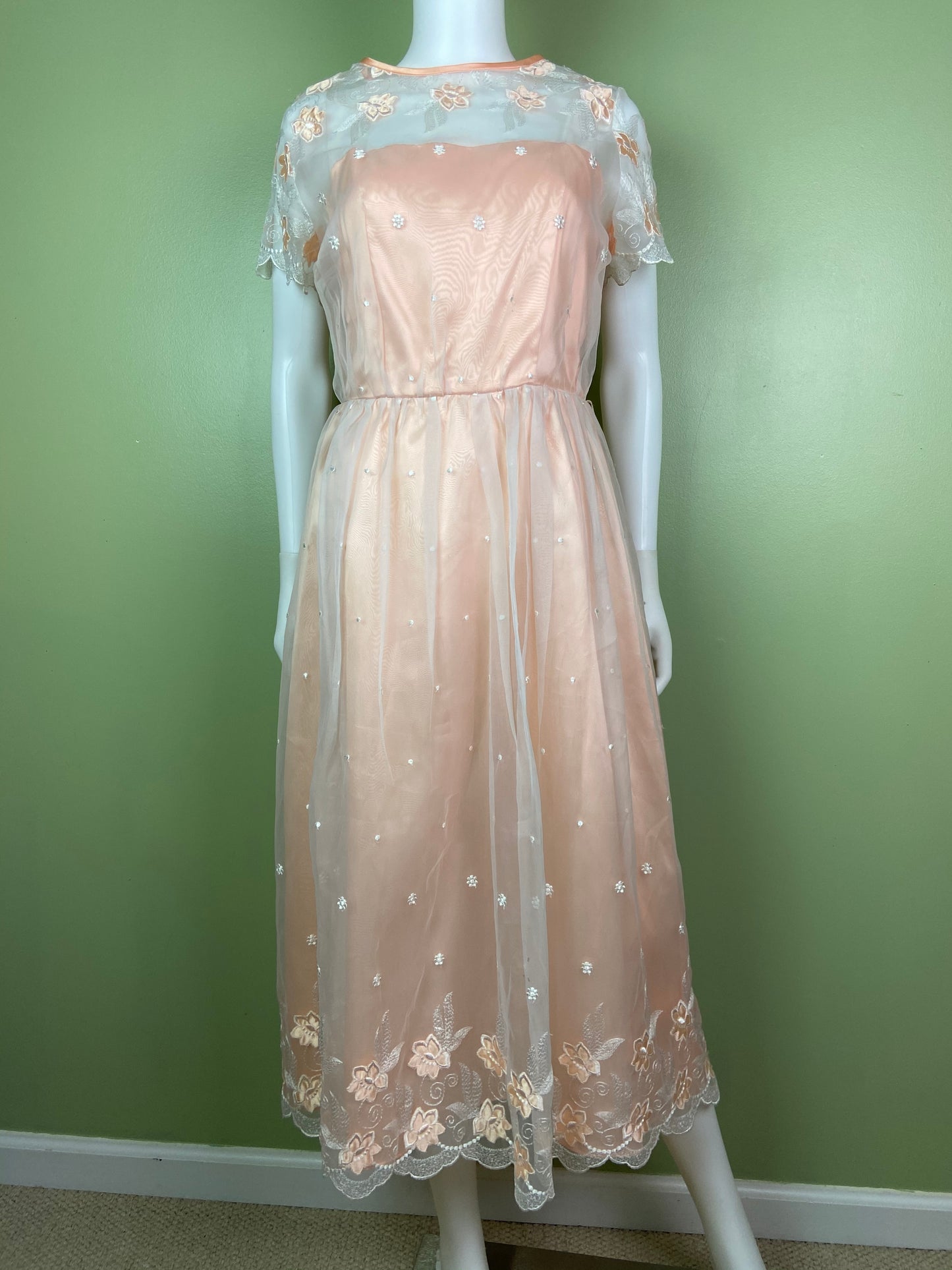 Vintage Victorian Bespoke Pink Peach Satin Sheer Embroidered Floral Lace Dress Gown Abby Essie