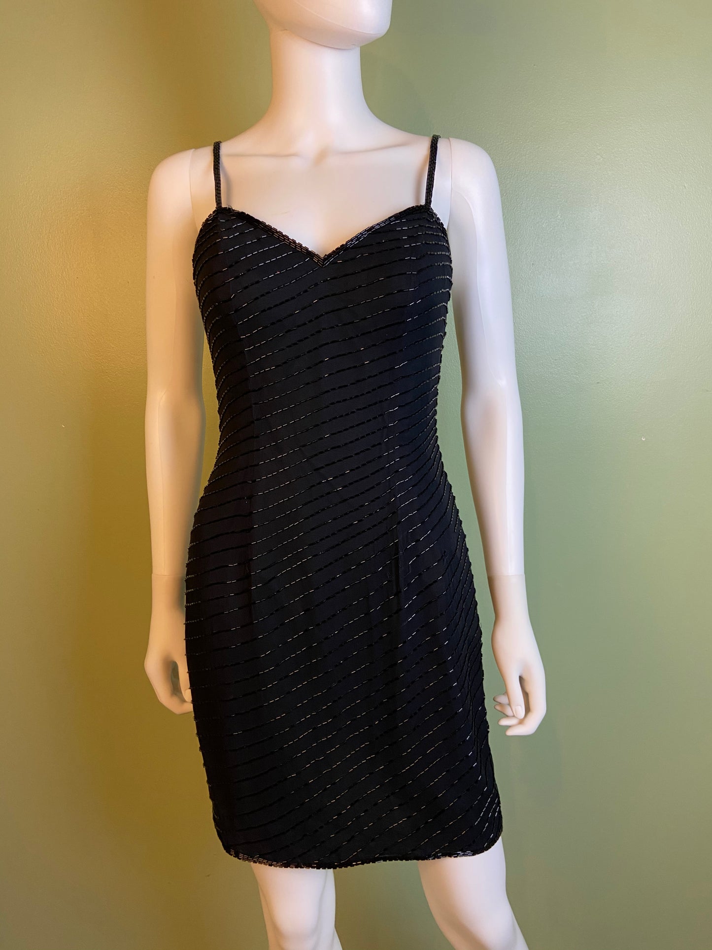 Vintage Black Beaded Sequin Silk Bustier Cocktail Dress Abby Essie