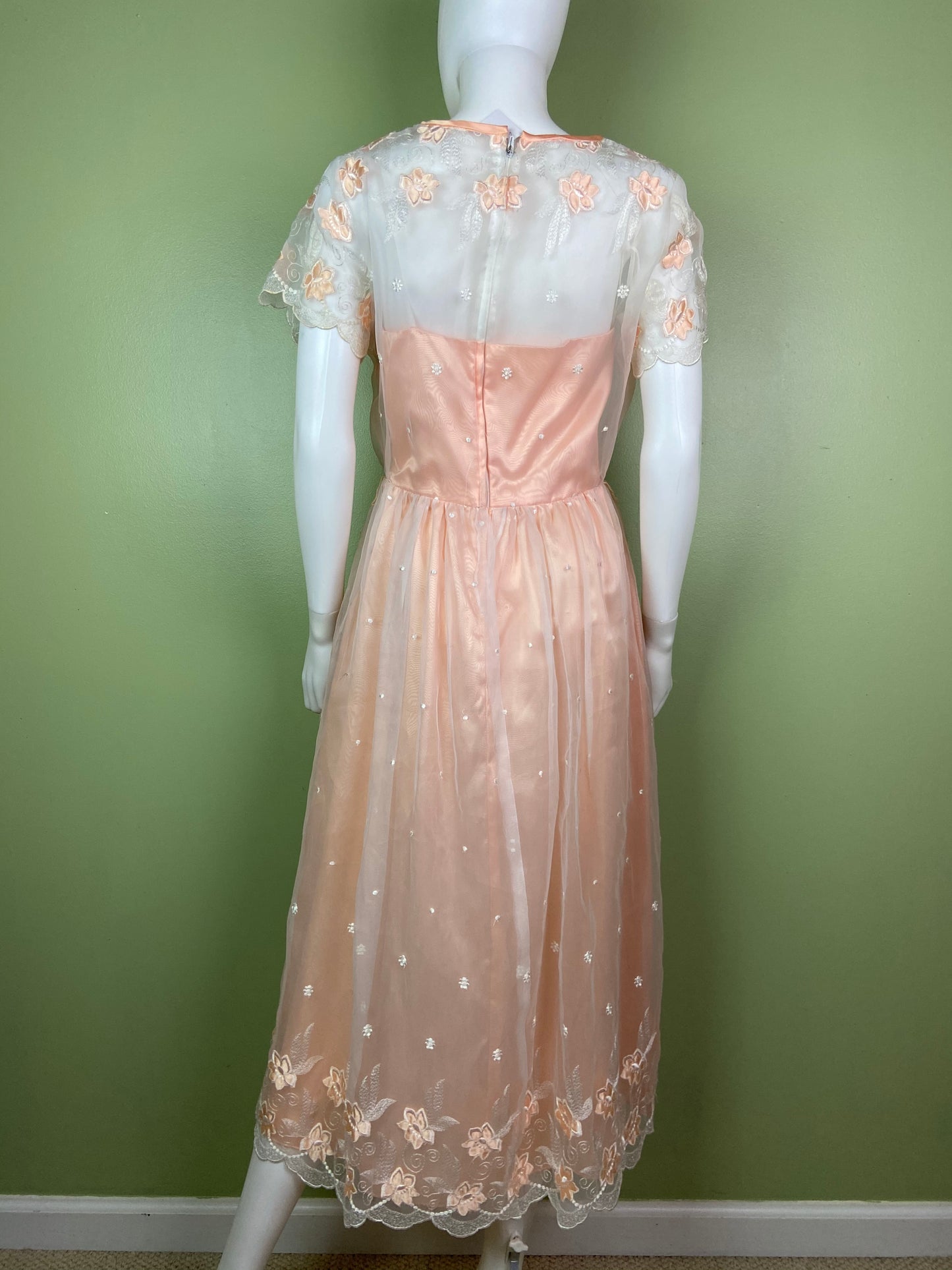 Vintage Victorian Bespoke Pink Peach Satin Sheer Embroidered Floral Lace Dress Gown Abby Essie
