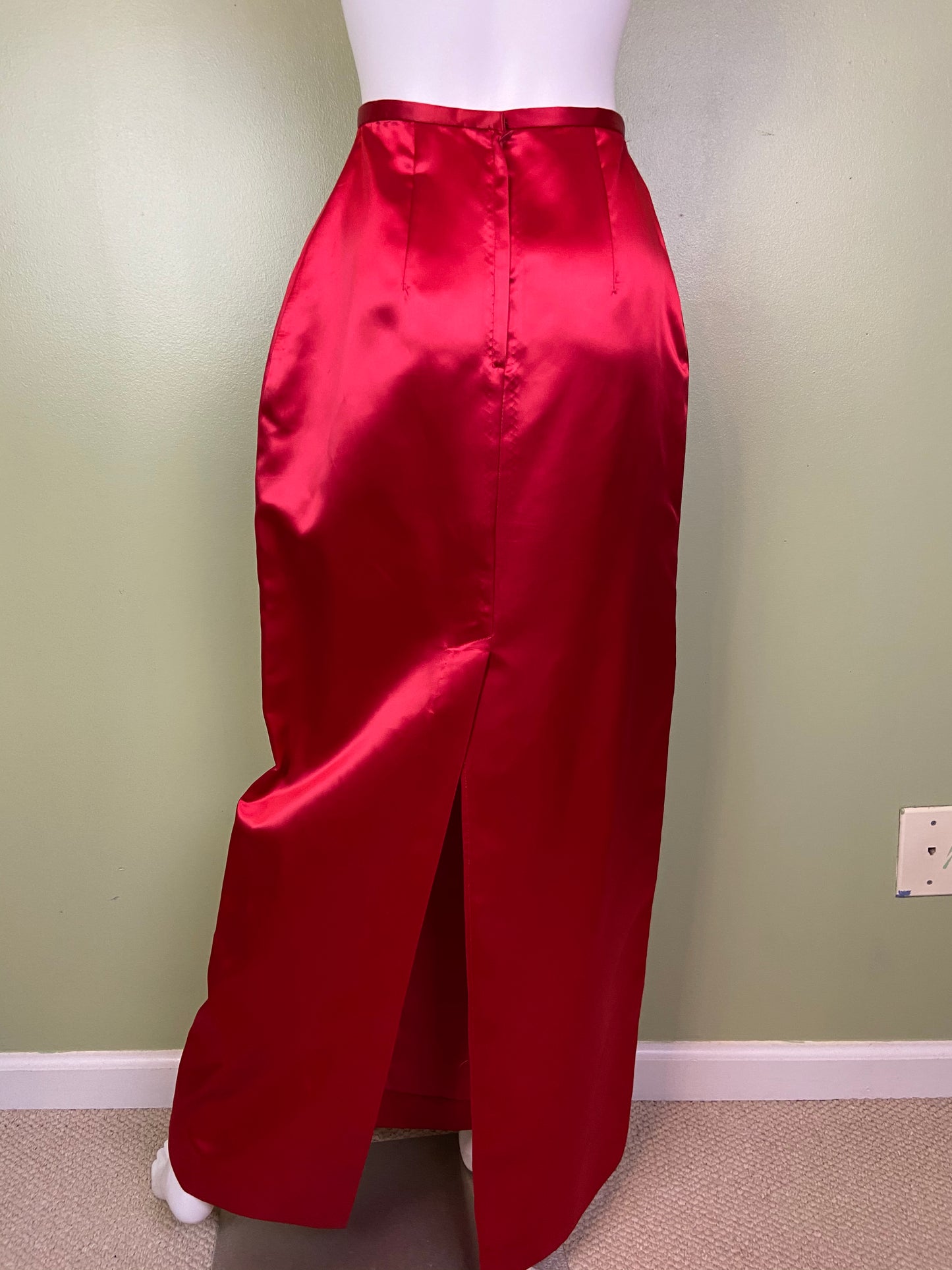 Long Red Satin Tuxedo Column Skirt ABBY ESSIE Designer & Vintage