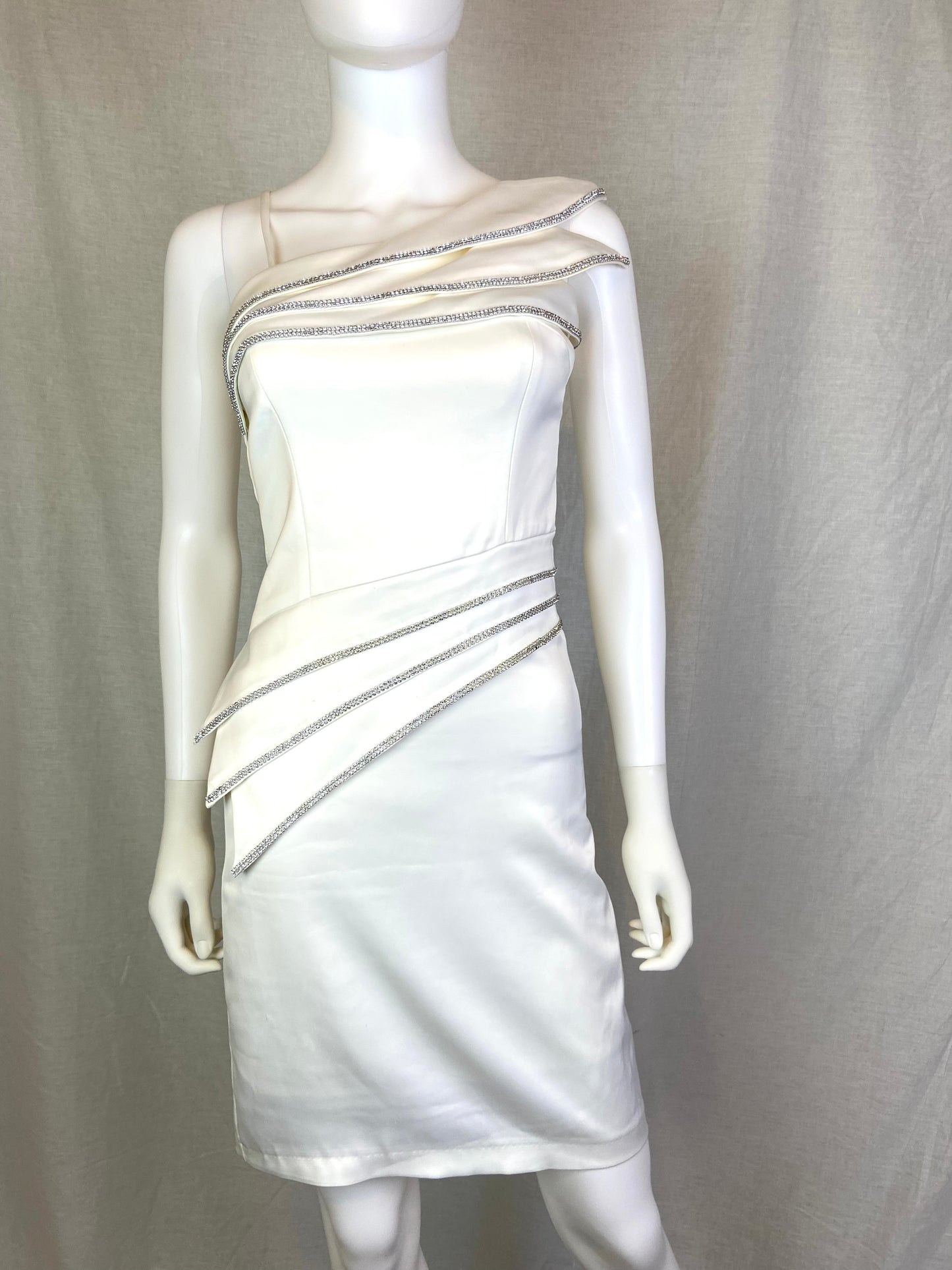 White Satin Rhinestone Asymetrical Cocktail Dress Small XS ABBY ESSIE STUDIOS