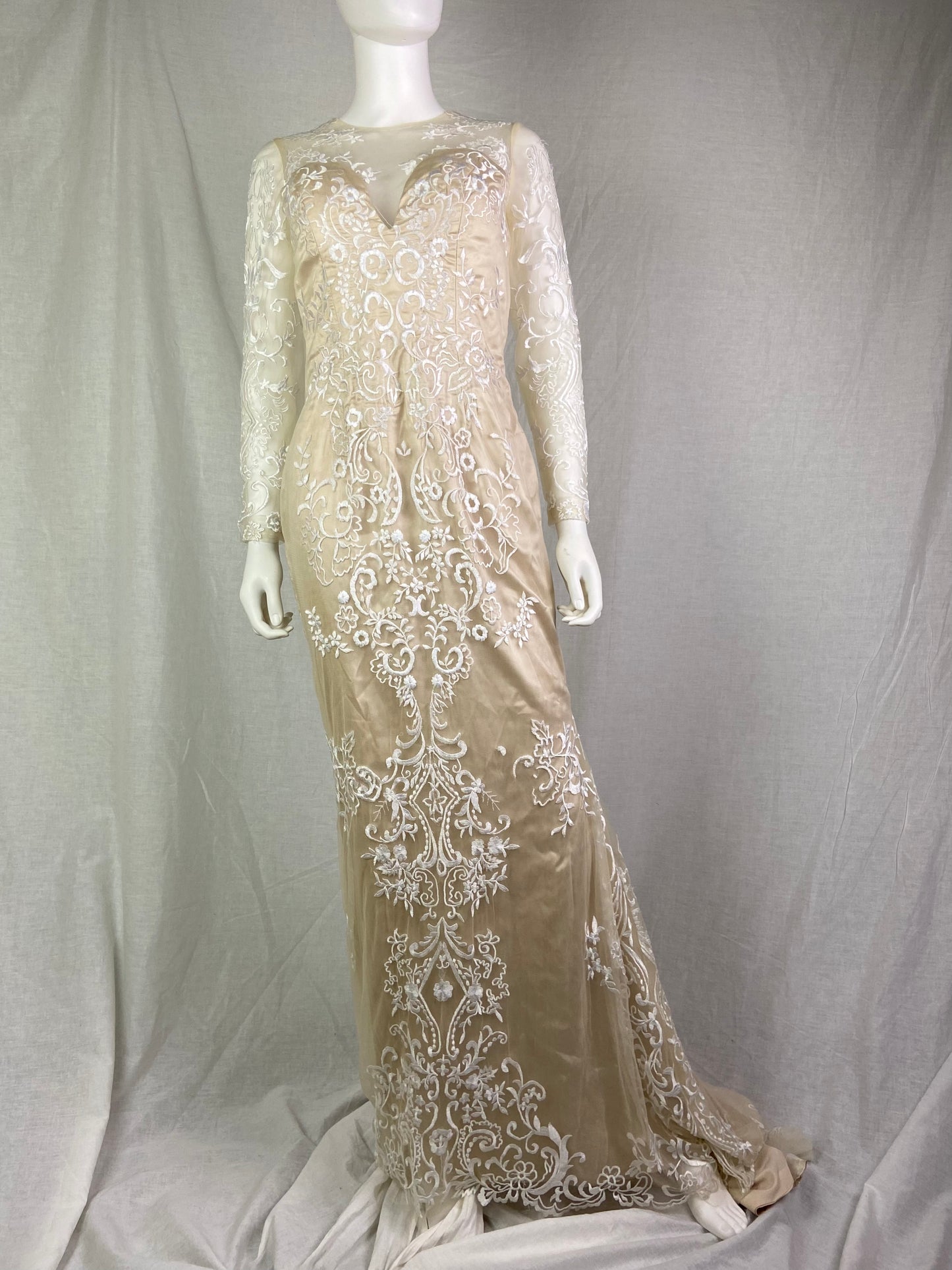 Vtg Champagne Cream Beige Embroidered Sheer Satin Wedding Gown ABBY ESSIE STUDIOS