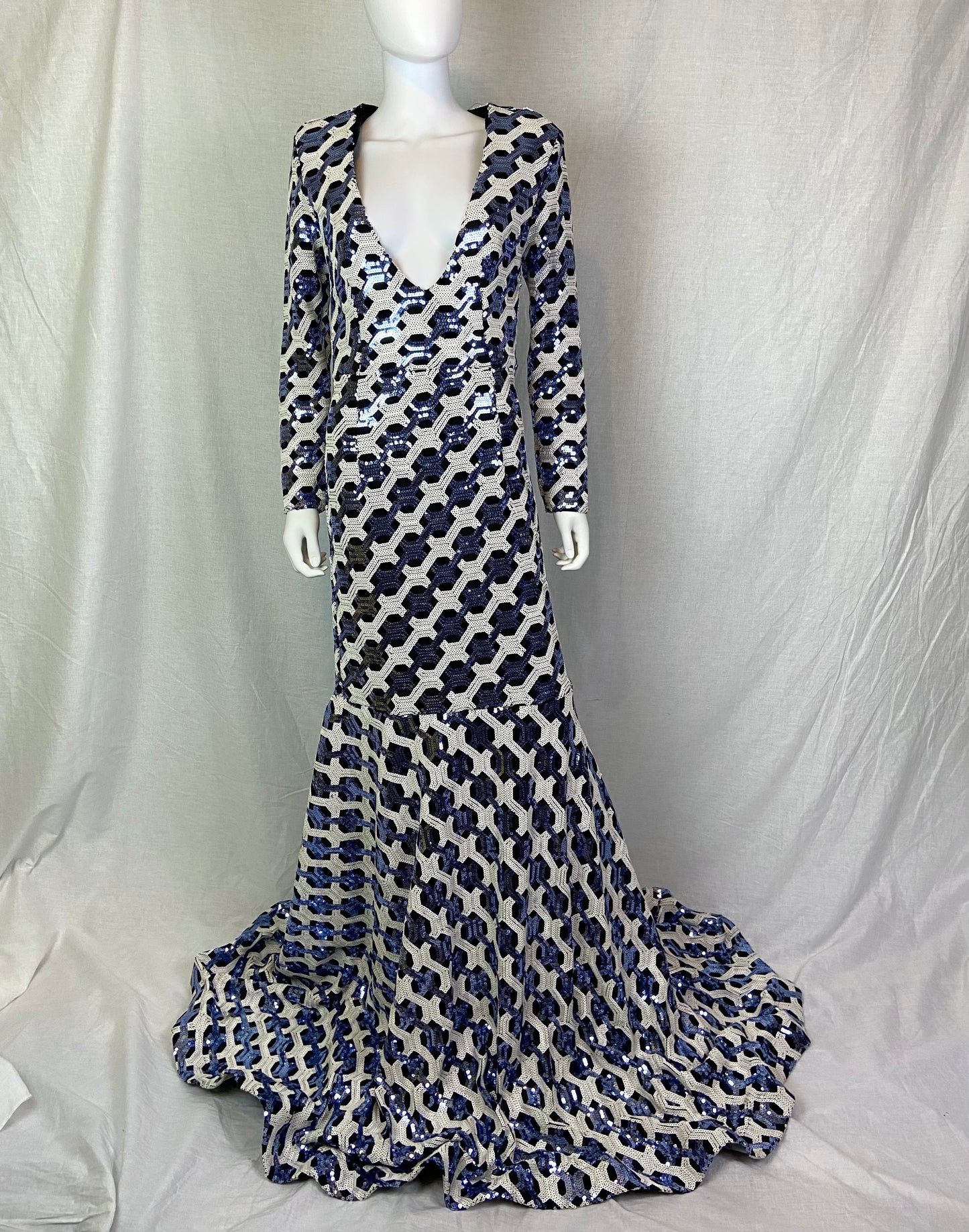 VINTAGE CUSTOM Blue White Black Sequin Mermaid Gown ABBY ESSIE STUDIOS